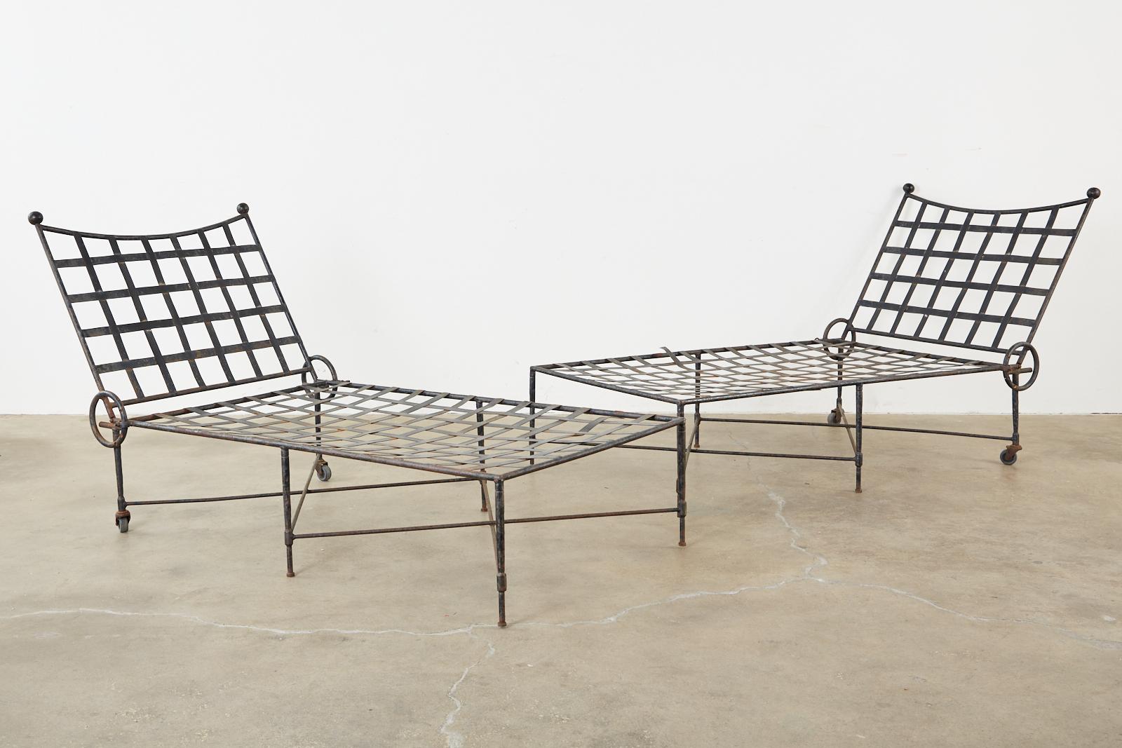 Mid-Century Modern Pair of Mario Papperzini for Salterini Patinated Iron Chaise Lounges