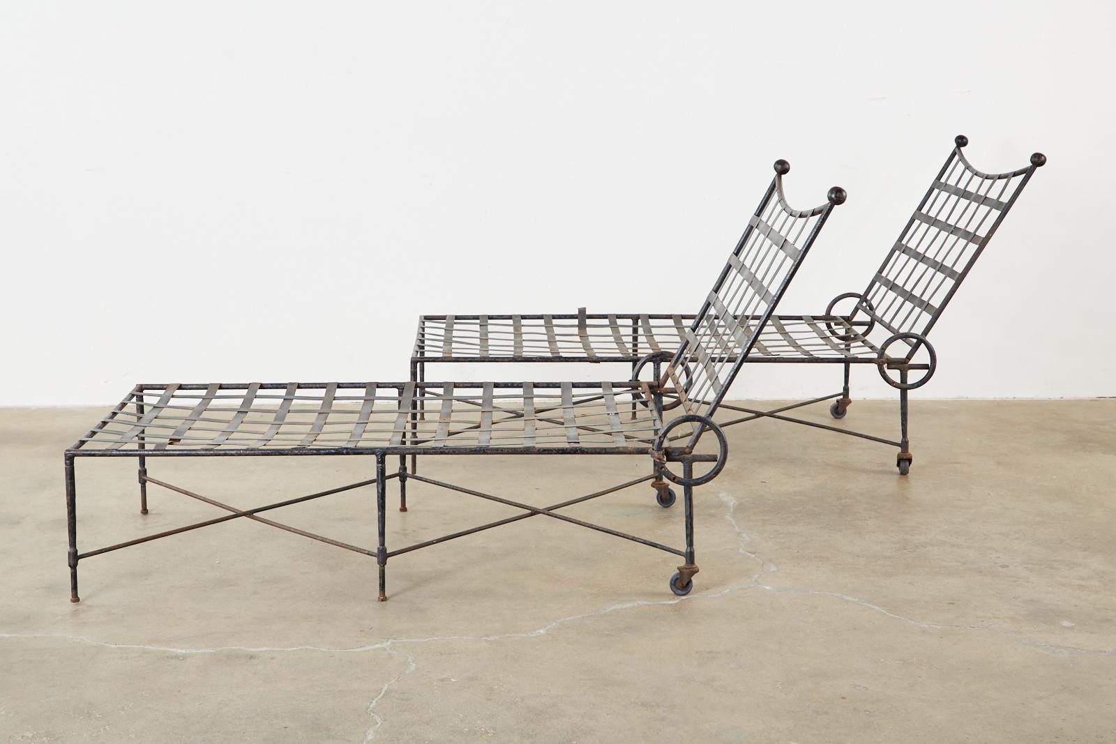 Pair of Mario Papperzini for Salterini Patinated Iron Chaise Lounges In Distressed Condition In Rio Vista, CA