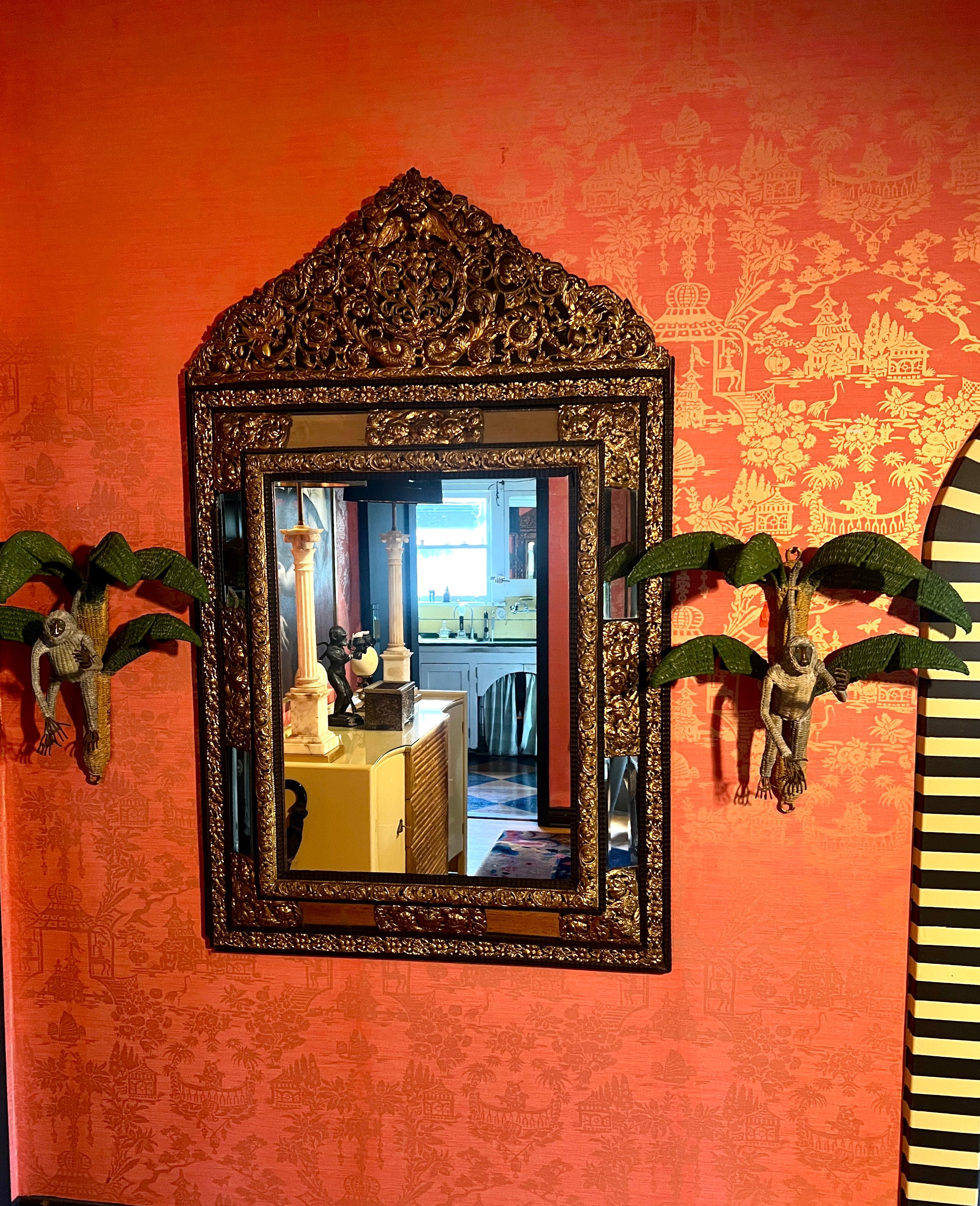 Pair of Mario Torres Lopez Rattan Monkeys in Palm Tree Sconces For Sale 3