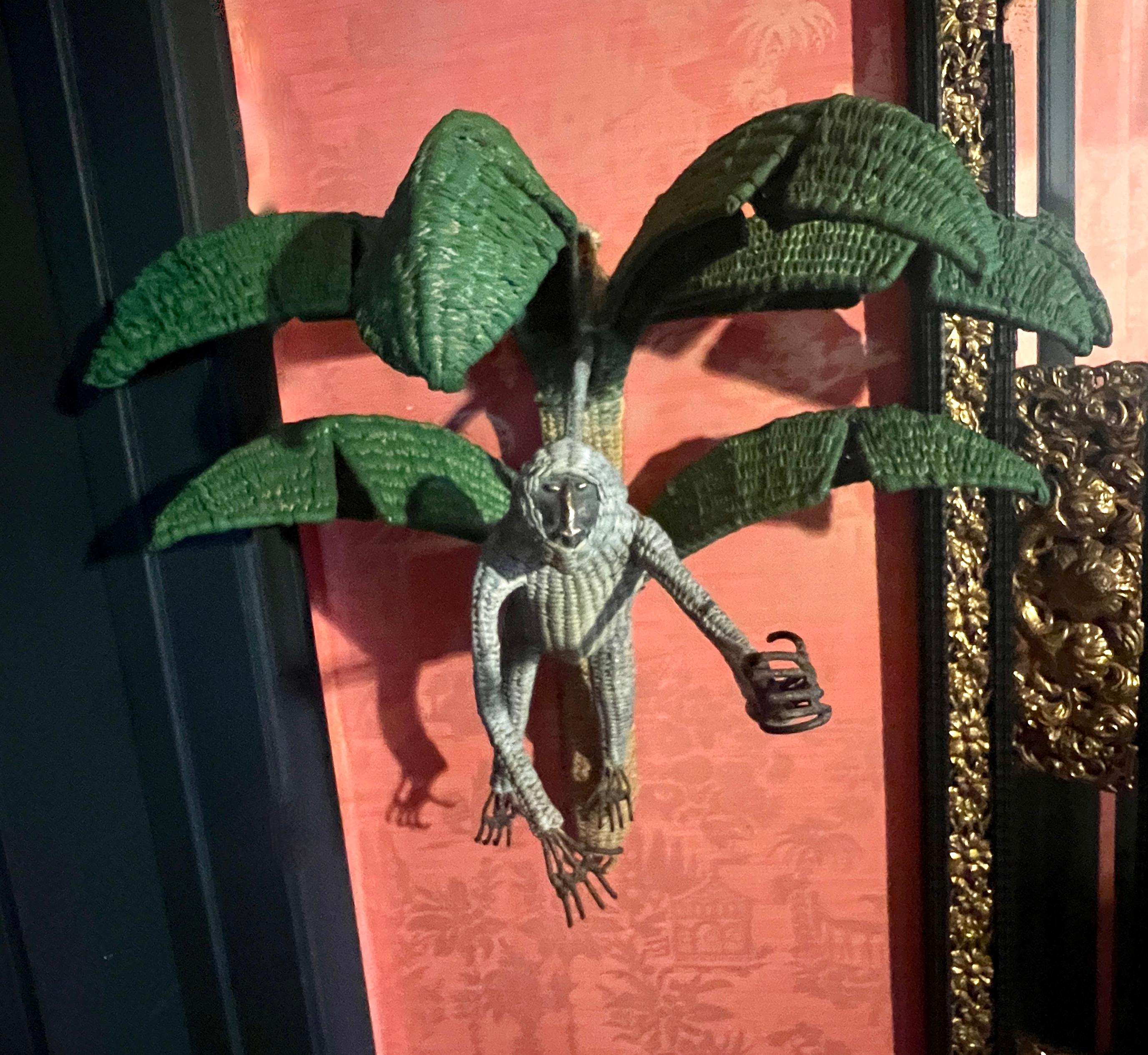 Pair of Mario Torres Lopez Rattan Monkeys in Palm Tree Sconces For Sale 4