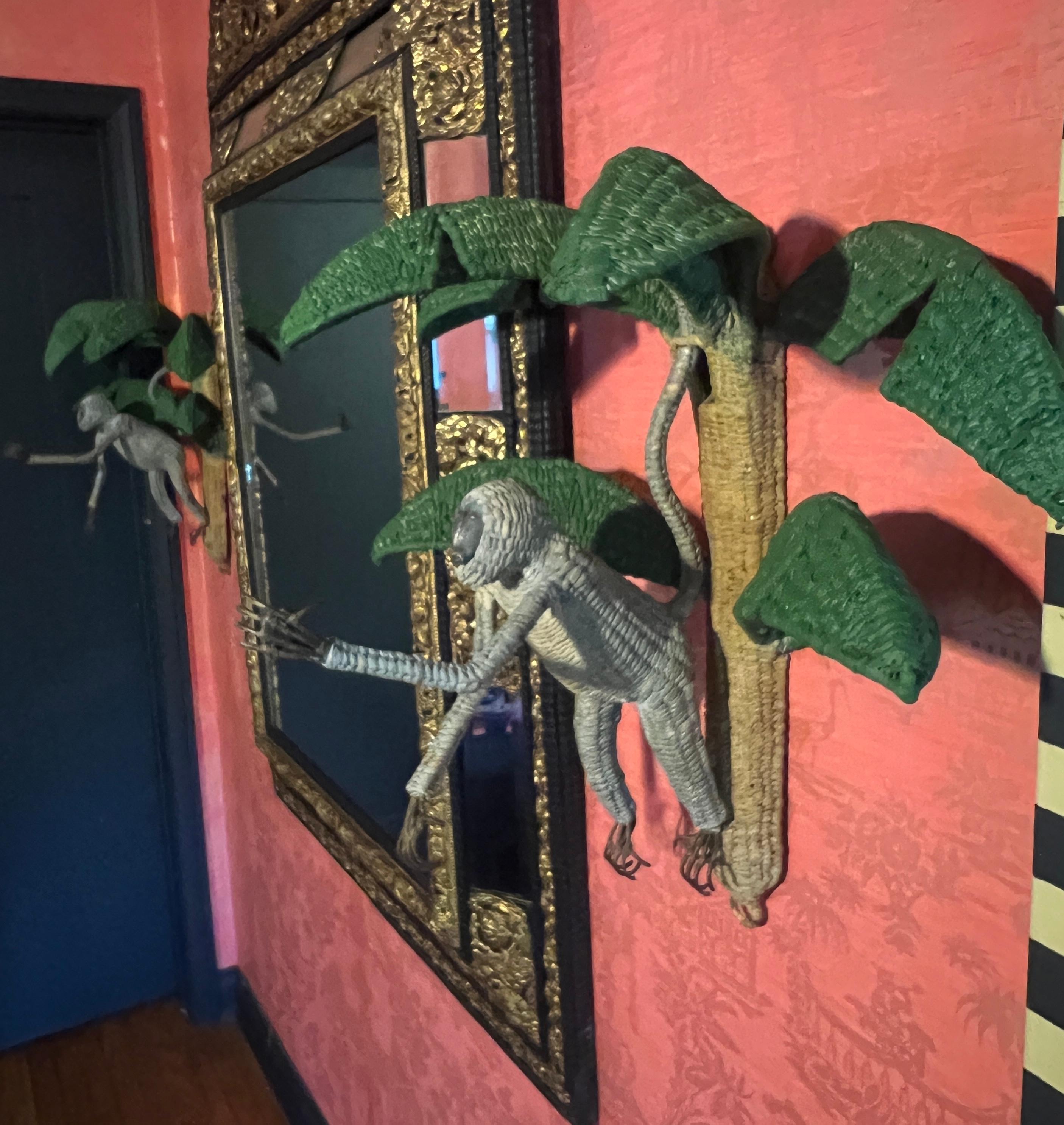 Pair of Mario Torres Lopez Rattan Monkeys in Palm Tree Sconces For Sale 6