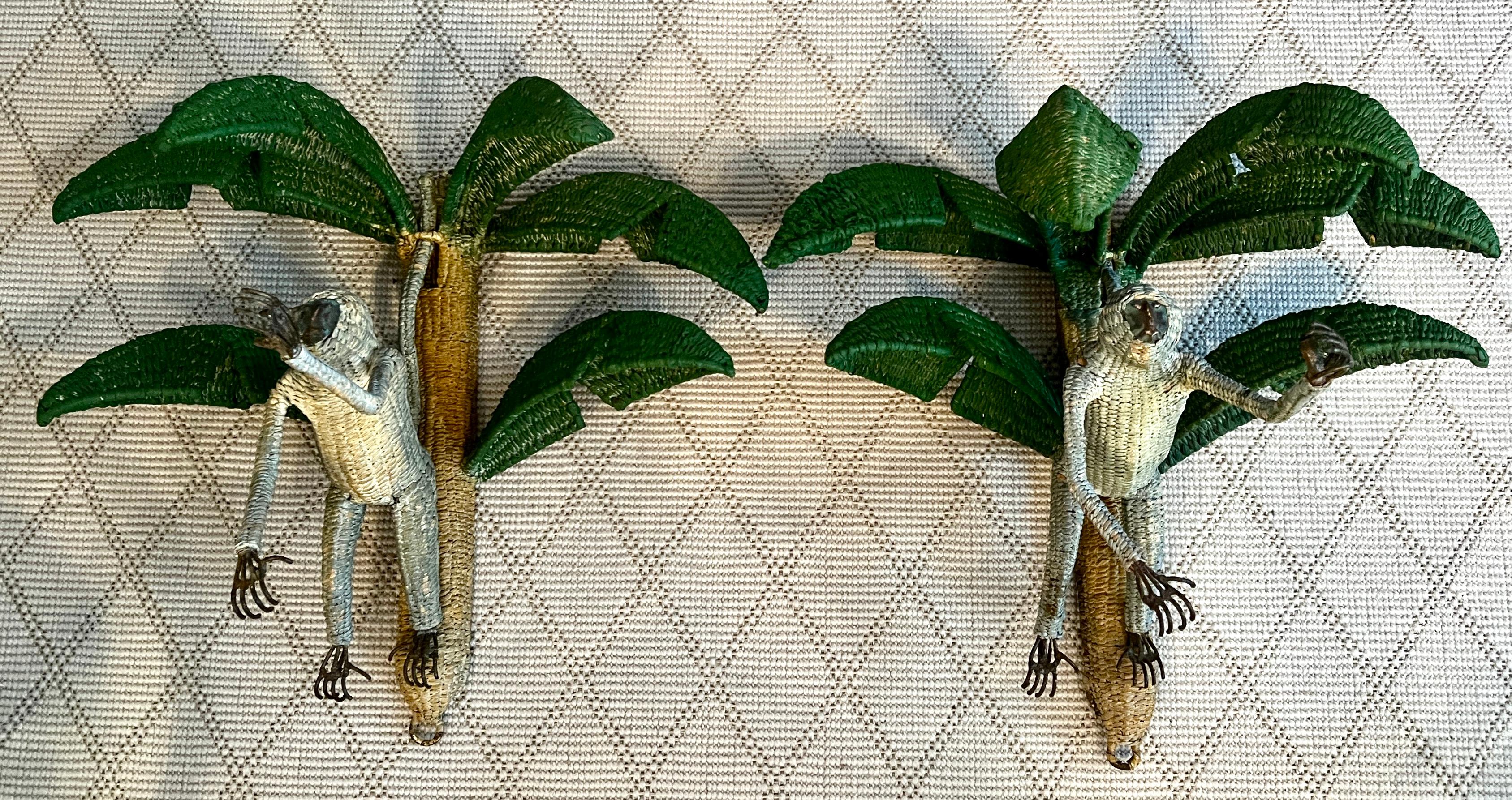 Mexican Pair of Mario Torres Lopez Rattan Monkeys in Palm Tree Sconces For Sale