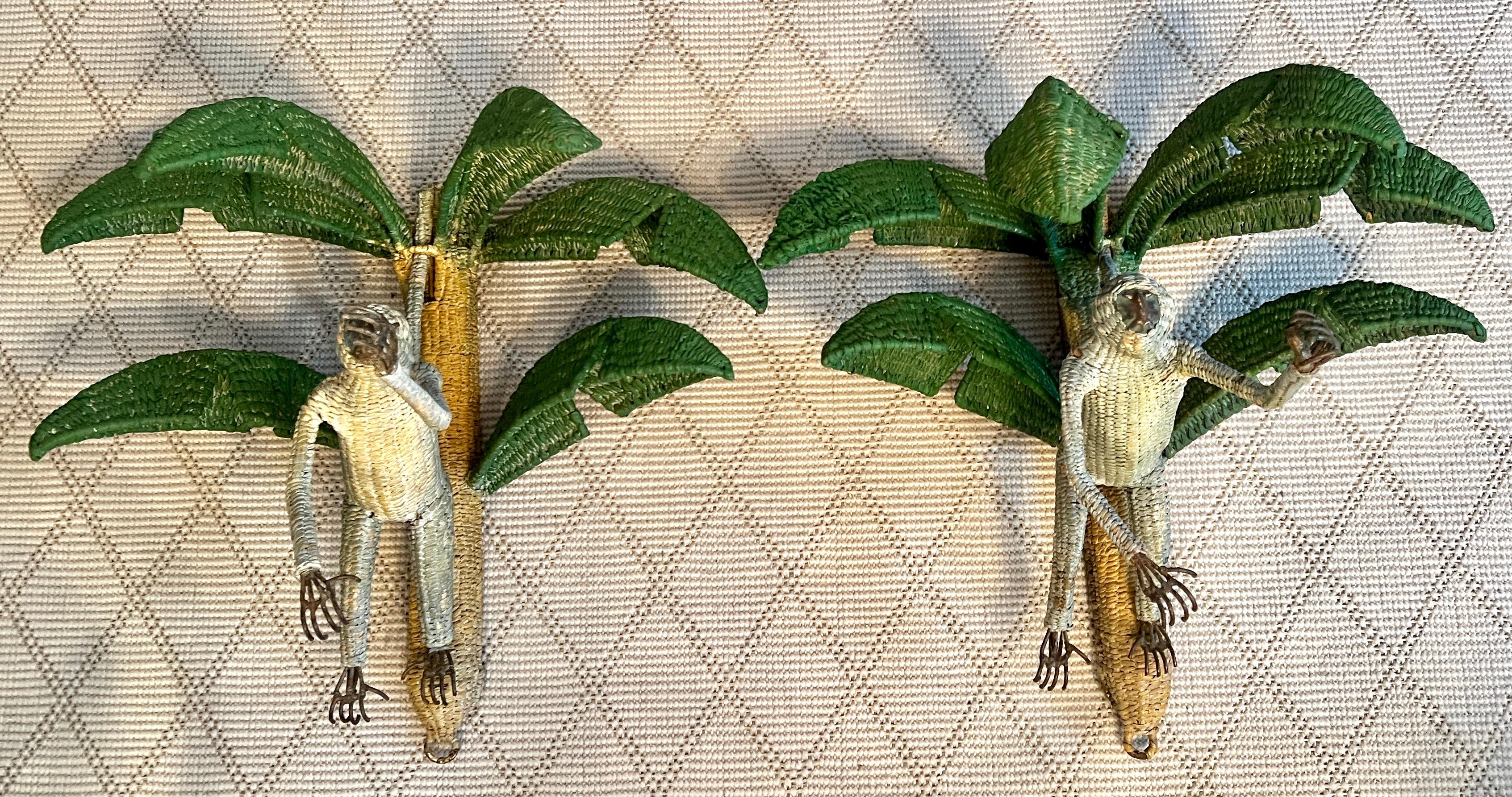 Hand-Crafted Pair of Mario Torres Lopez Rattan Monkeys in Palm Tree Sconces For Sale