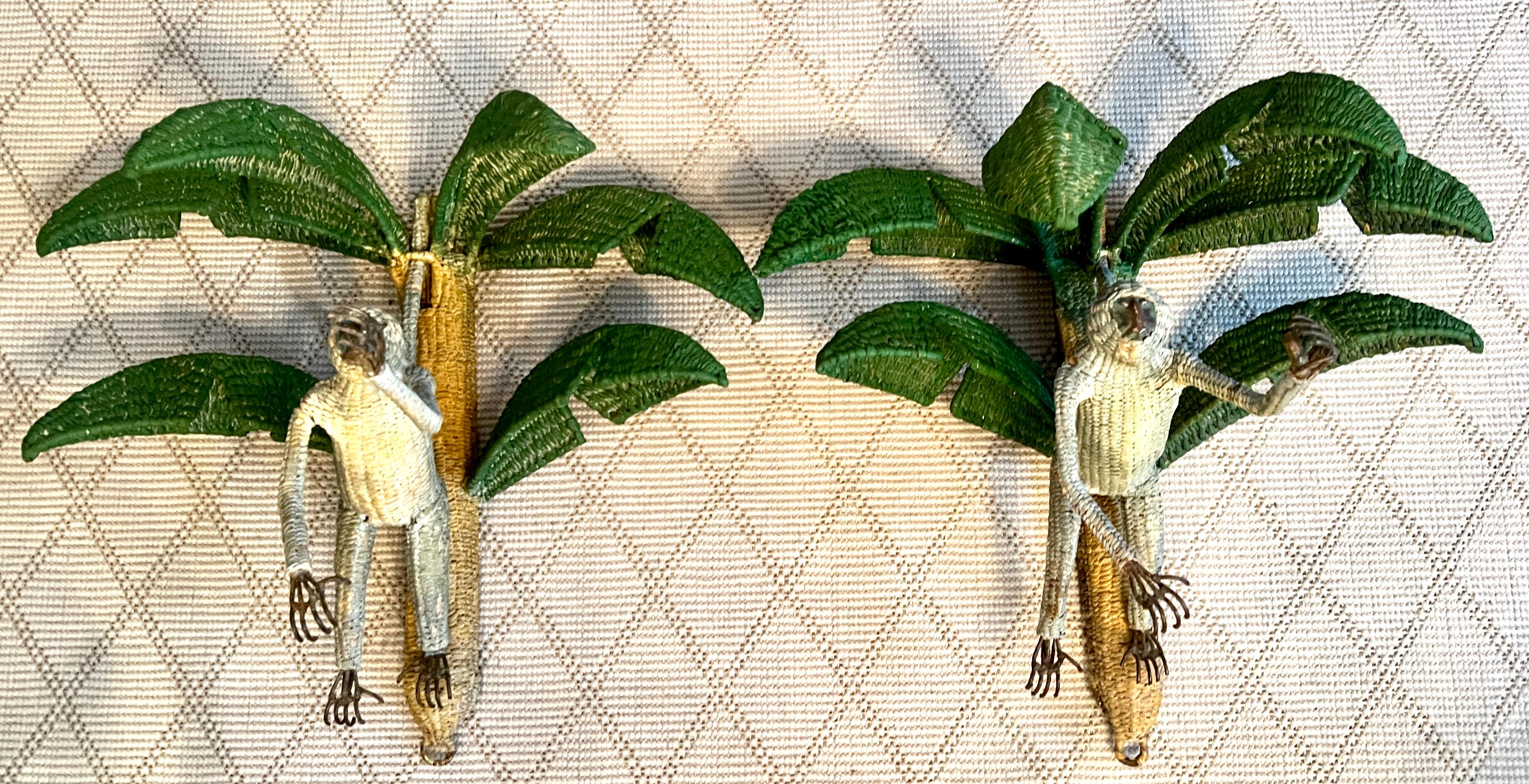 Pair of Mario Torres Lopez Rattan Monkeys in Palm Tree Sconces In Good Condition For Sale In Los Angeles, CA