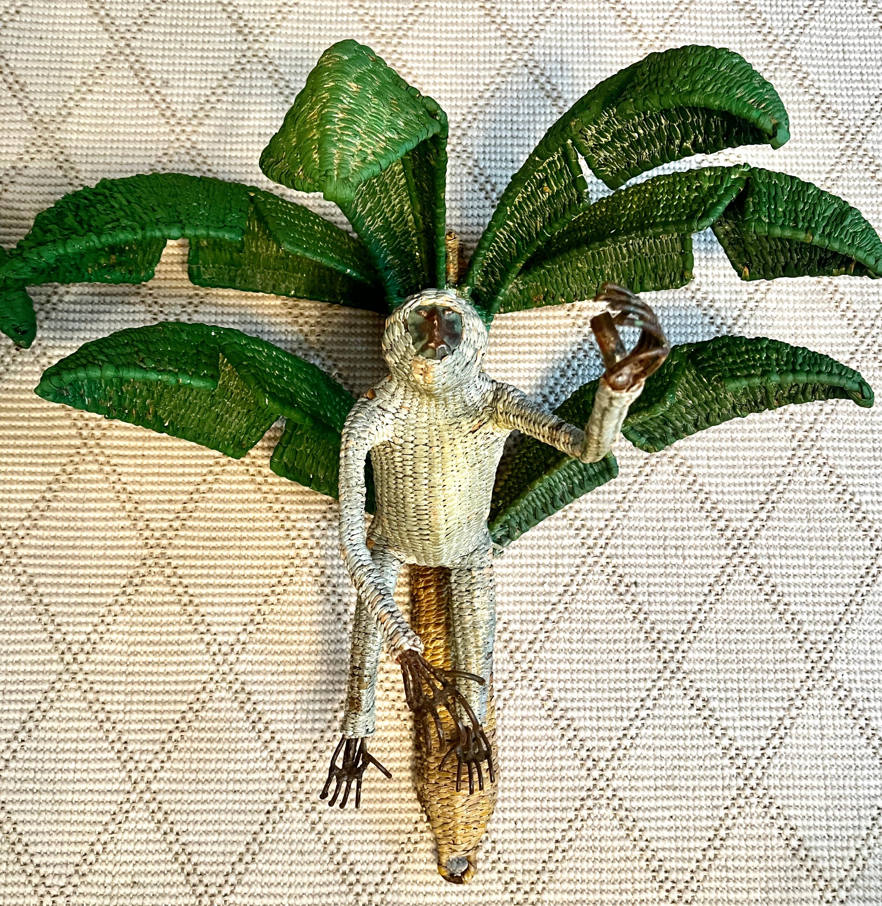 20th Century Pair of Mario Torres Lopez Rattan Monkeys in Palm Tree Sconces For Sale