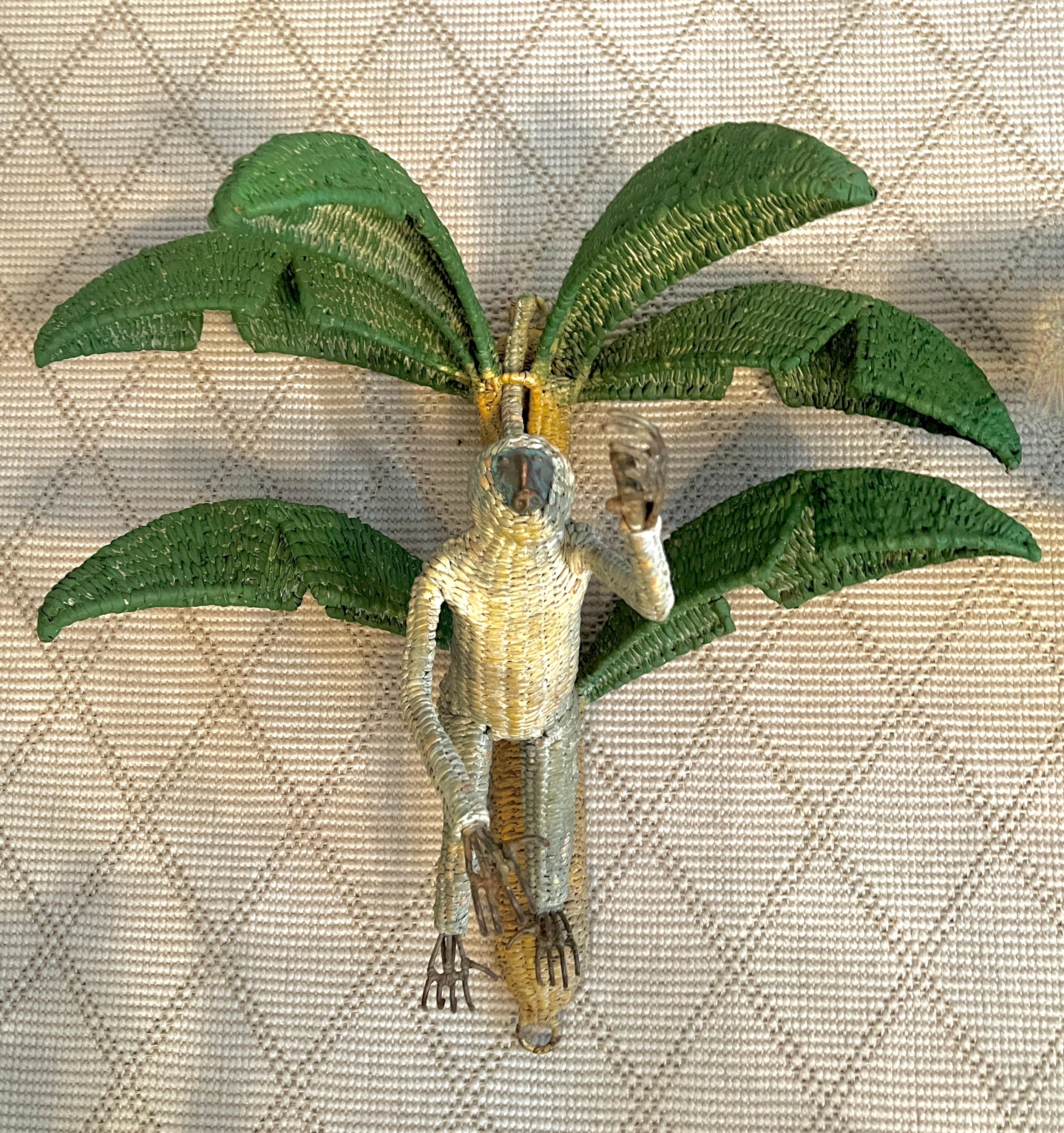 Metal Pair of Mario Torres Lopez Rattan Monkeys in Palm Tree Sconces For Sale