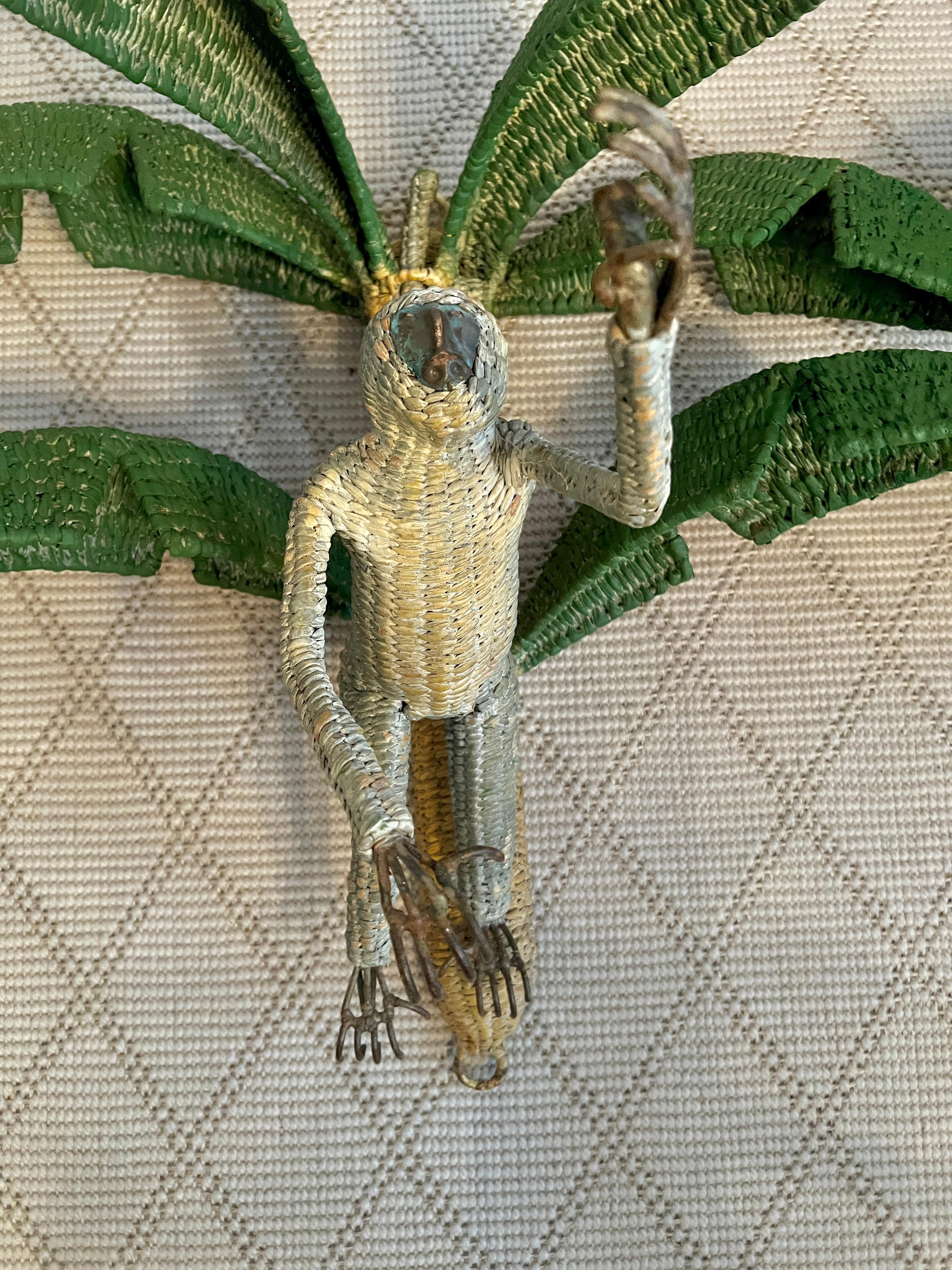 Pair of Mario Torres Lopez Rattan Monkeys in Palm Tree Sconces For Sale 1
