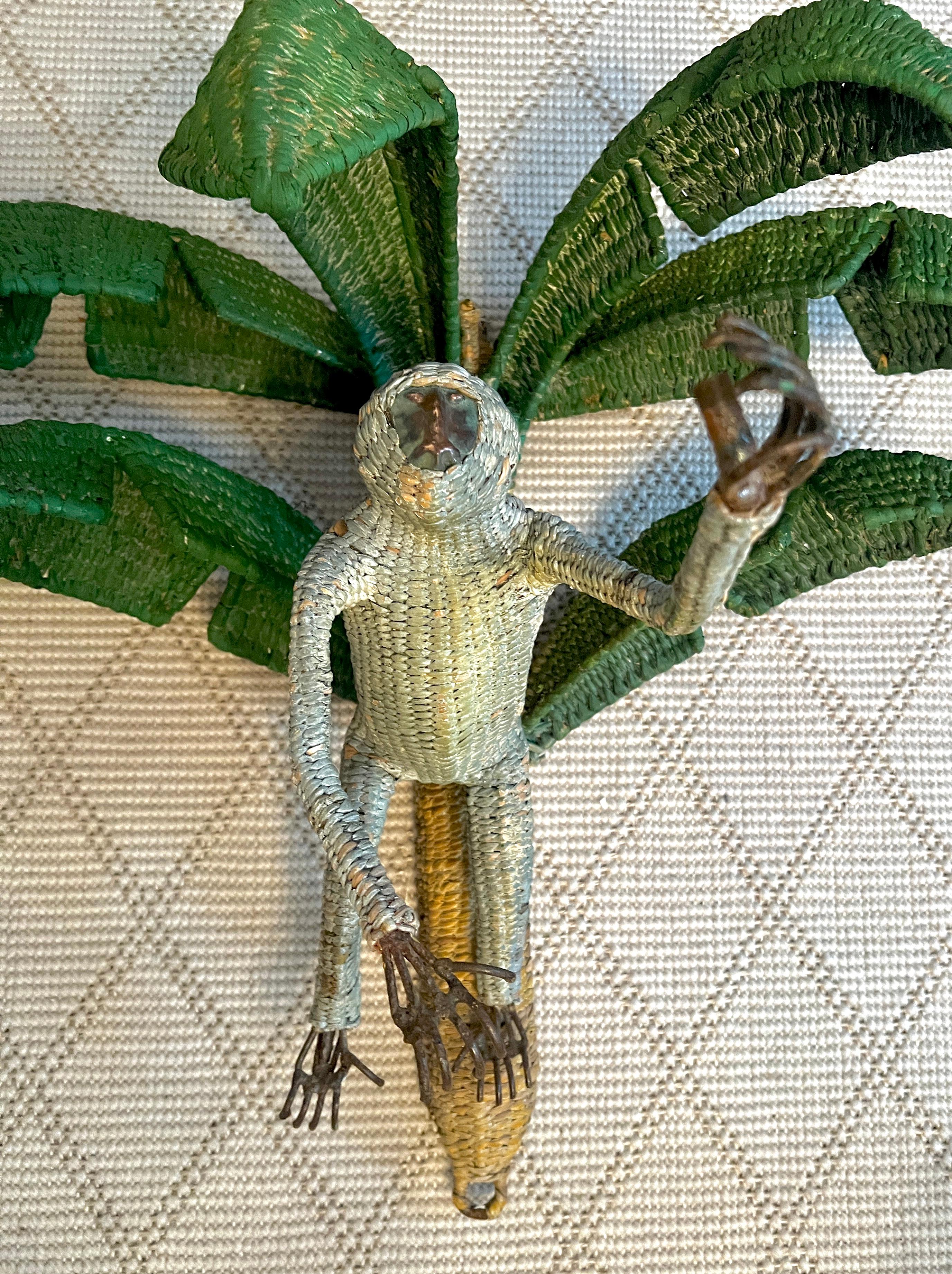 Pair of Mario Torres Lopez Rattan Monkeys in Palm Tree Sconces For Sale 2