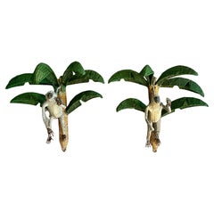 Pair of Mario Torres Lopez Rattan Monkeys in Palm Tree Sconces