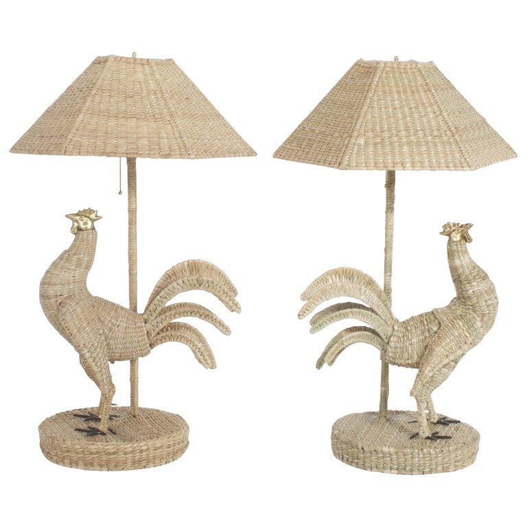 Pair Of Mario Torres Rooster Table Lamps And Wicker Turtle At 1stdibs Mario Torres Rooster Table Lamps, Turtle Wicker Table Lamp