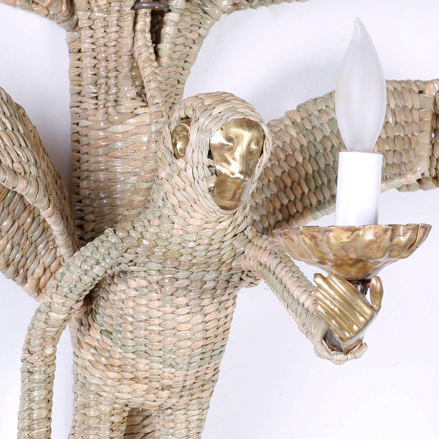 Pair of Mario Torres Wicker Monkey Sconces In Excellent Condition In Palm Beach, FL