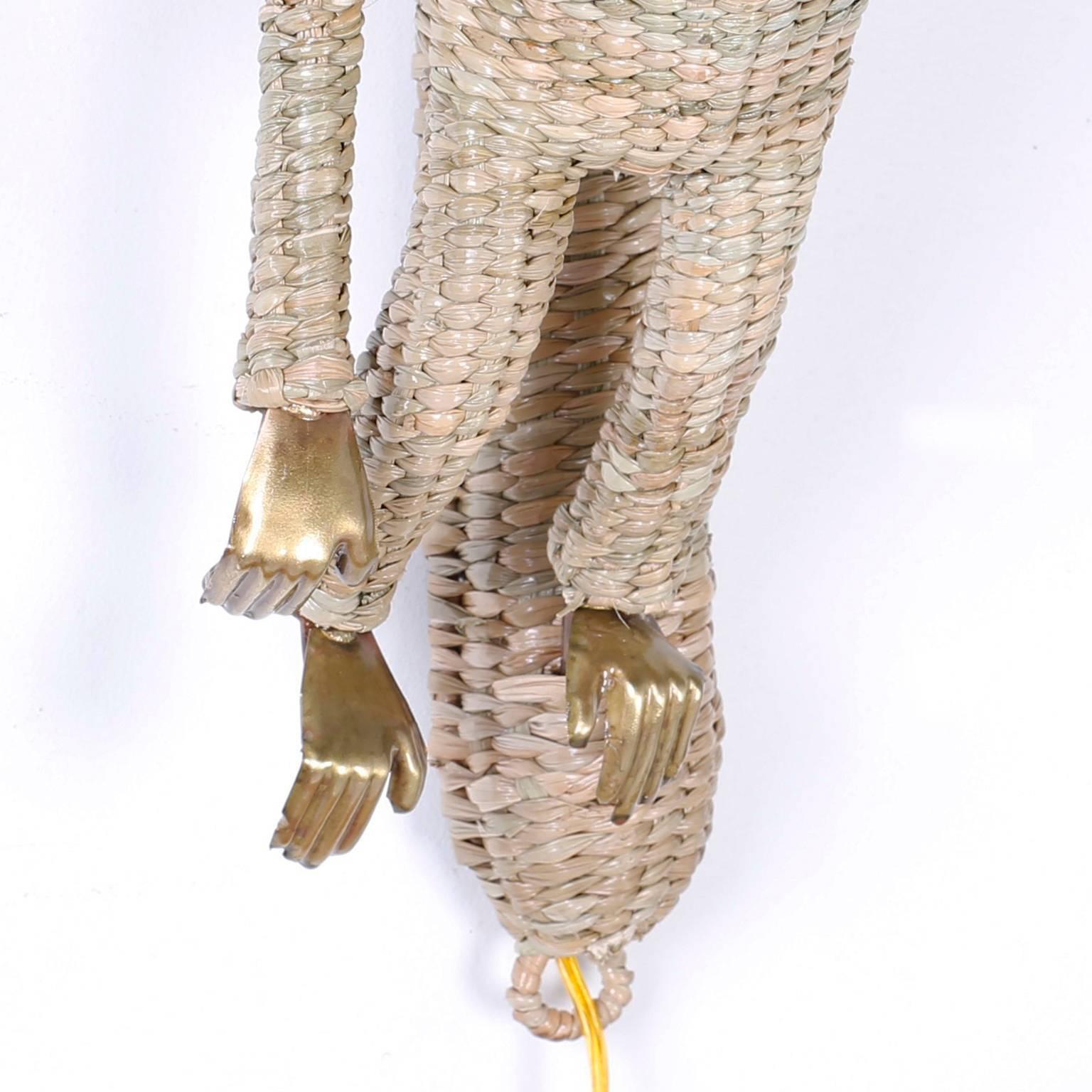 Pair of Mario Torres Wicker Monkey Sconces In Good Condition In Palm Beach, FL