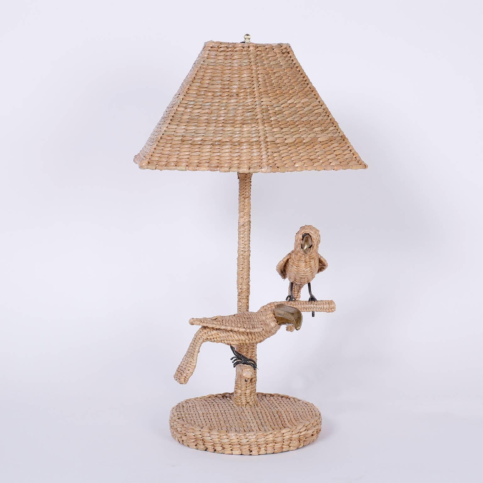 Mid-Century Modern Pair of Mario Torres Wicker Parro and Toucan Bird Table Lamps