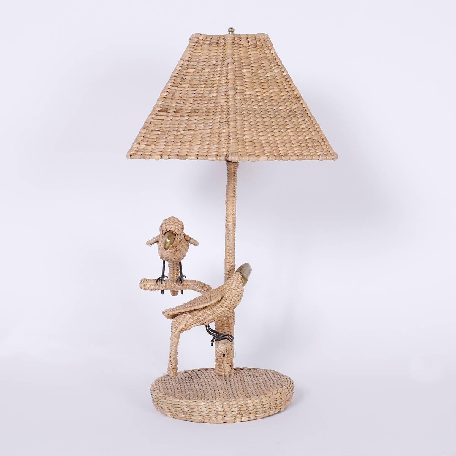 Mexican Pair of Mario Torres Wicker Parro and Toucan Bird Table Lamps