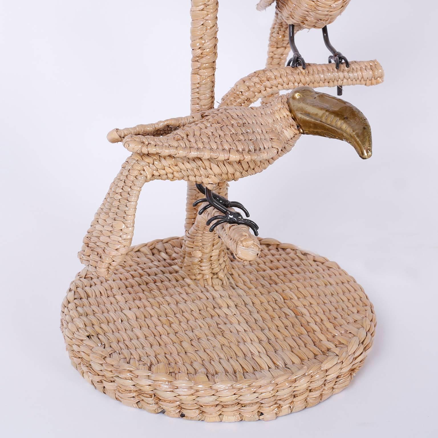 Pair of Mario Torres Wicker Parro and Toucan Bird Table Lamps In Good Condition In Palm Beach, FL