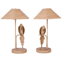 Pair of Mario Torres Wicker Parrot Table Lamps with Wicker or Linen Shades
