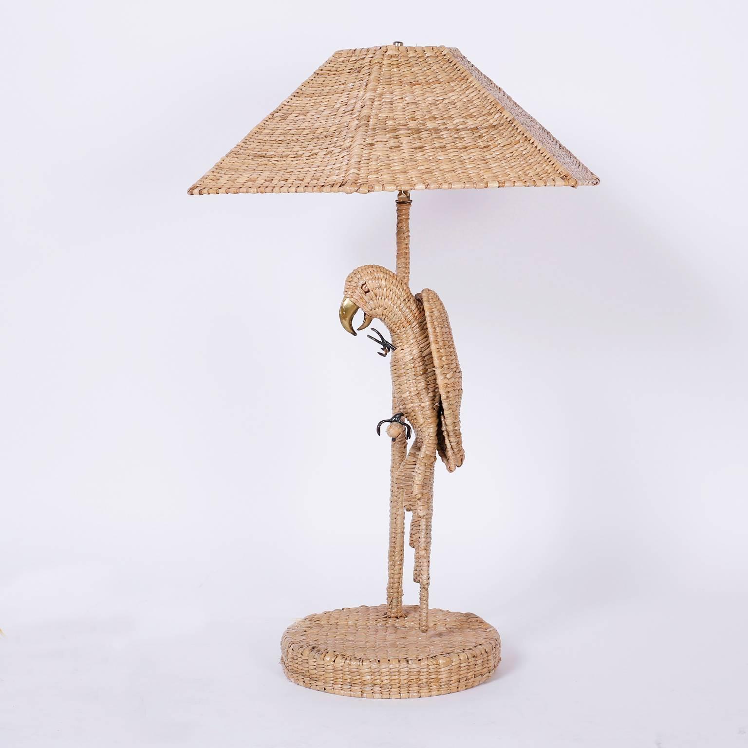 Mexican Pair of Mario Torres Wicker Parrot Table Lamps with Wicker or Linen Shades