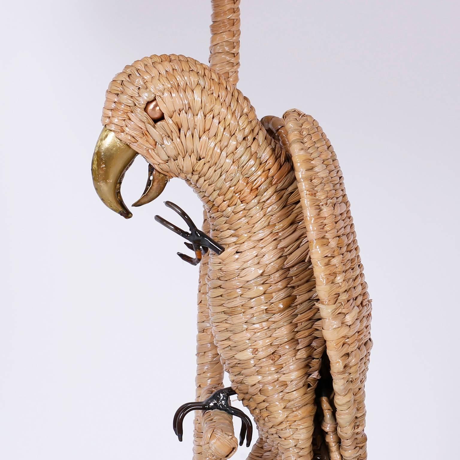 Hand-Woven Pair of Mario Torres Wicker Parrot Table Lamps with Wicker or Linen Shades