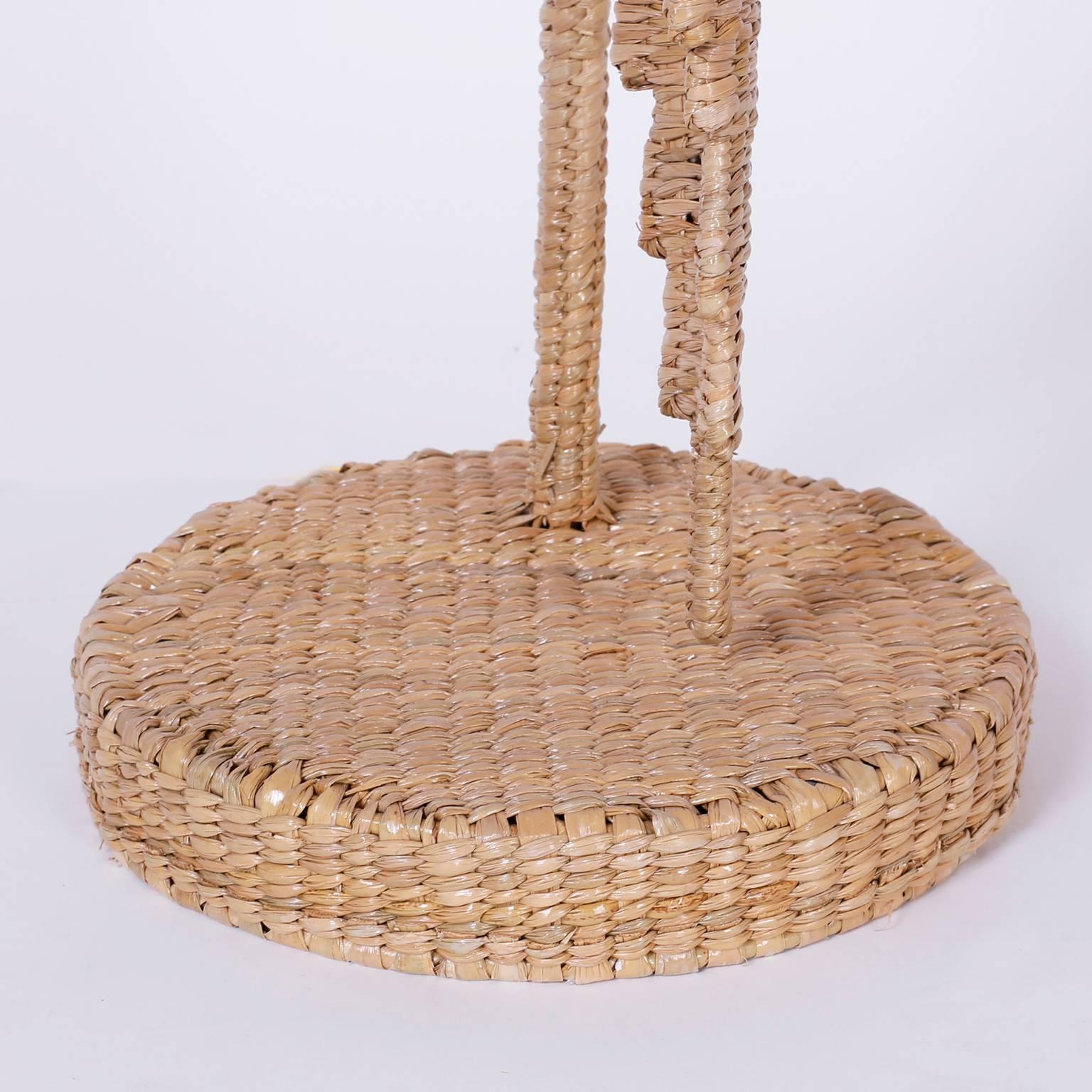 Pair of Mario Torres Wicker Parrot Table Lamps with Wicker or Linen Shades In Good Condition In Palm Beach, FL