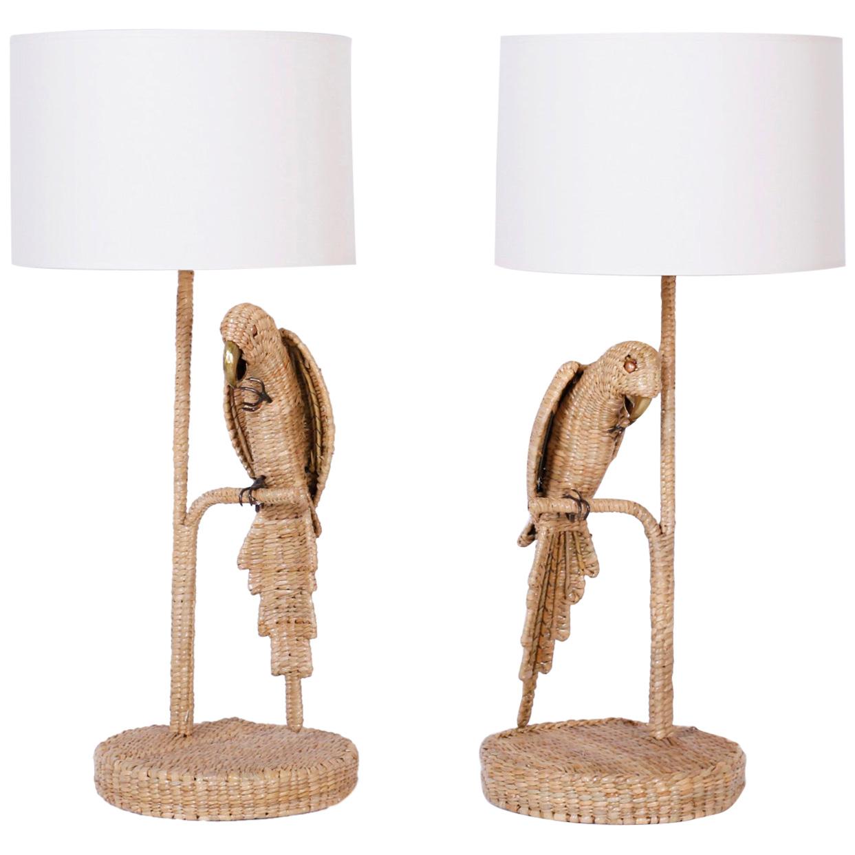 Pair of Mario Torres Wicker Parrot Table Lamps with Wicker or Linen Shades