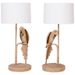 Pair of Mario Torres Wicker Parrot Table Lamps with Wicker or Linen Shades
