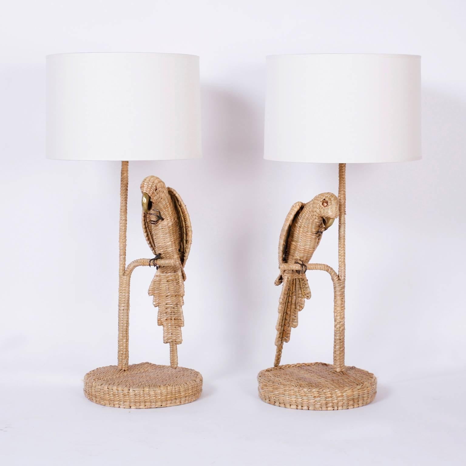Hand-Woven Pair of  Mario Torros Wicker Parrot Table Lamps