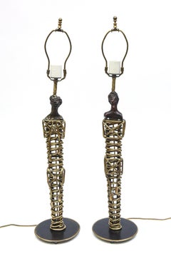 Mario Villa Signed Bronze Mixed Metals Male and Female Nefertiti Table Lamps