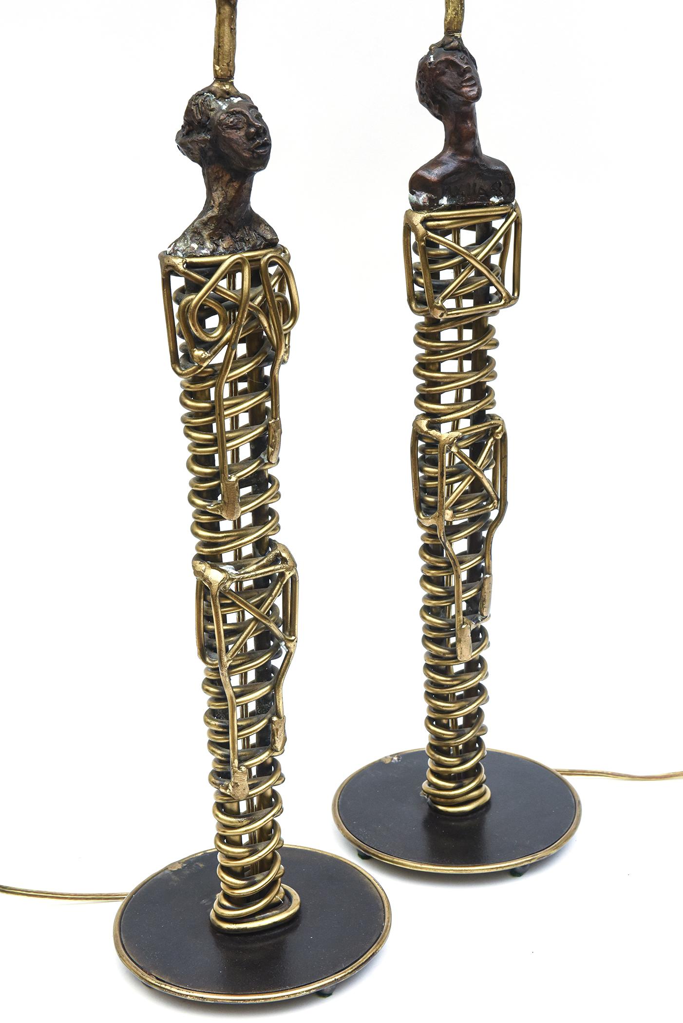 American Mario Villa Signed Bronze Mixed Metals Male and Female Nefertiti Table Lamps