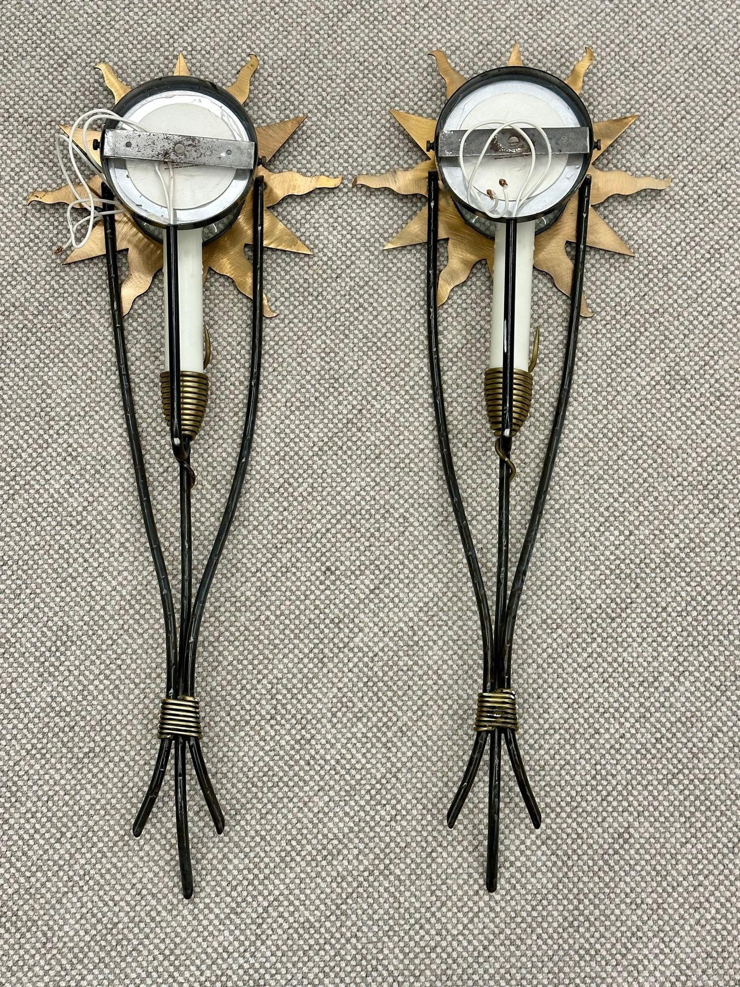 French Mid Century Modern, Olympia Star Sconces, Hammered Brass, Copper, 1960s For Sale 8
