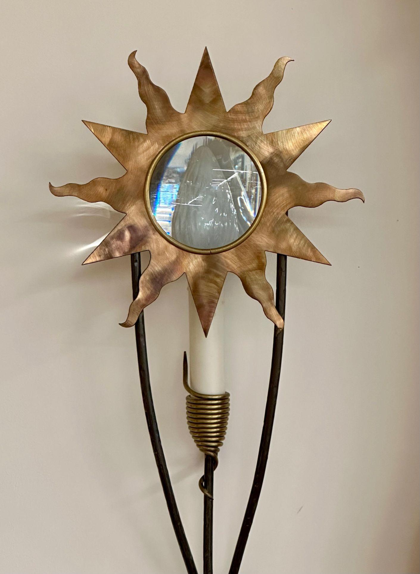 French Mid Century Modern, Olympia Star Sconces, Hammered Brass, Copper, 1960s For Sale 10
