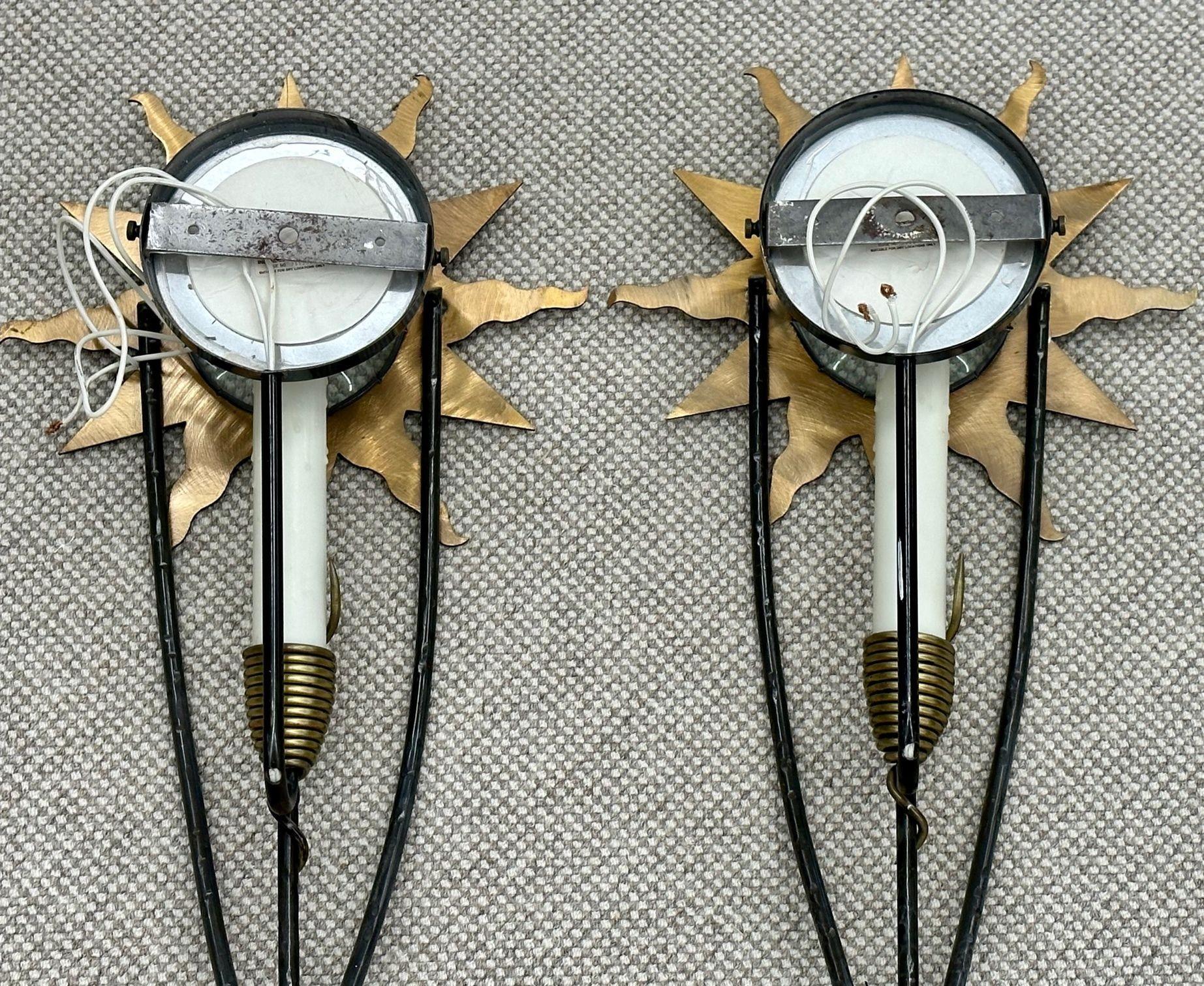 French Mid Century Modern, Olympia Star Sconces, Hammered Brass, Copper, 1960s For Sale 11