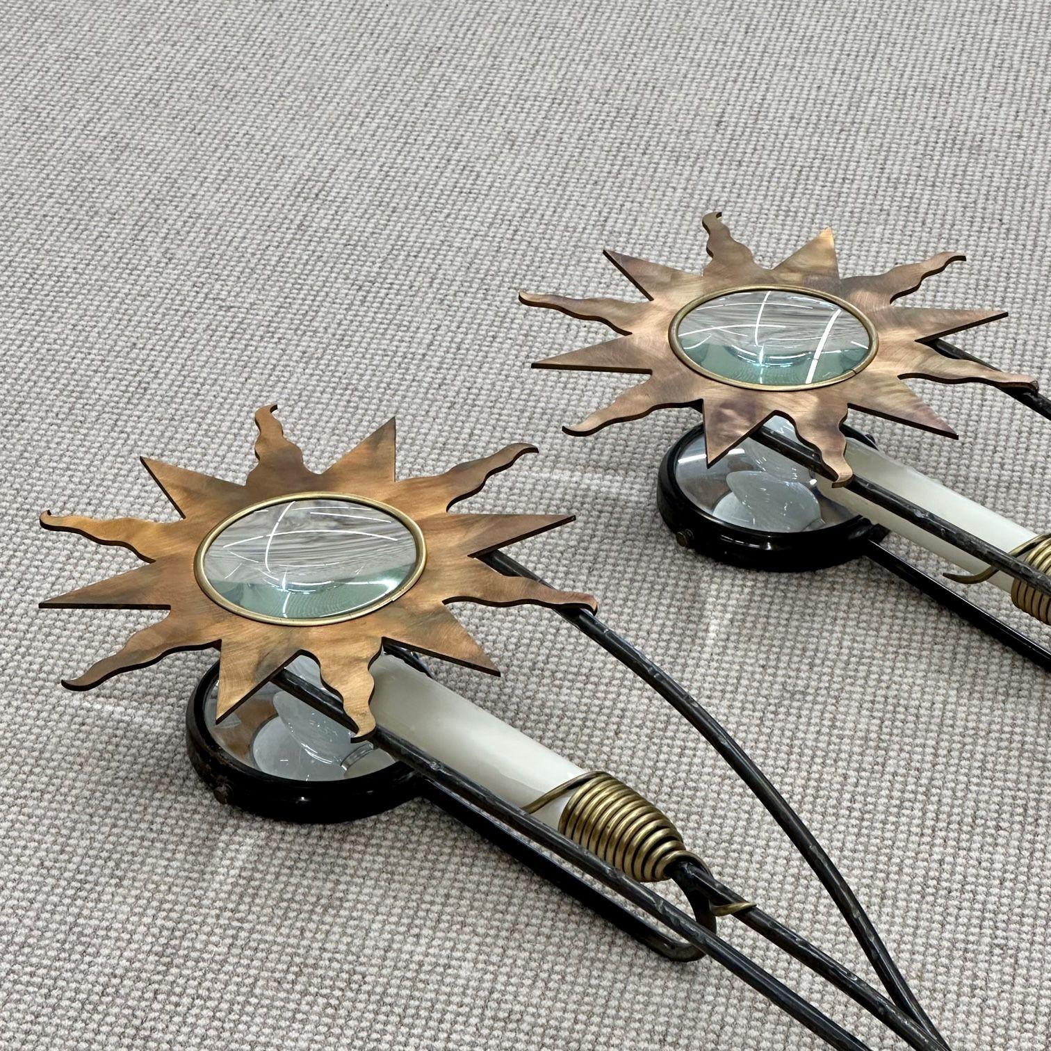 English French Mid Century Modern, Olympia Star Sconces, Hammered Brass, Copper, 1960s For Sale