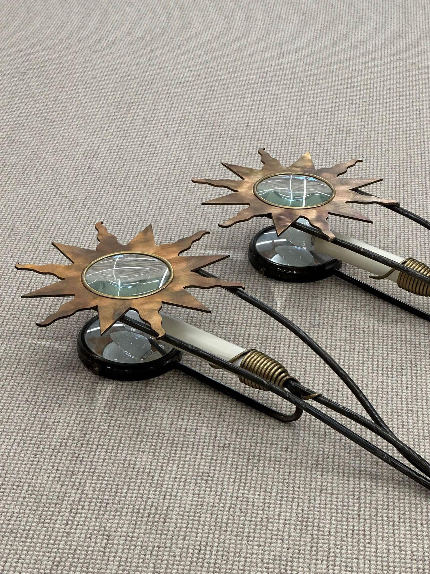 French Mid Century Modern, Olympia Star Sconces, Hammered Brass, Copper, 1960s In Good Condition For Sale In Stamford, CT