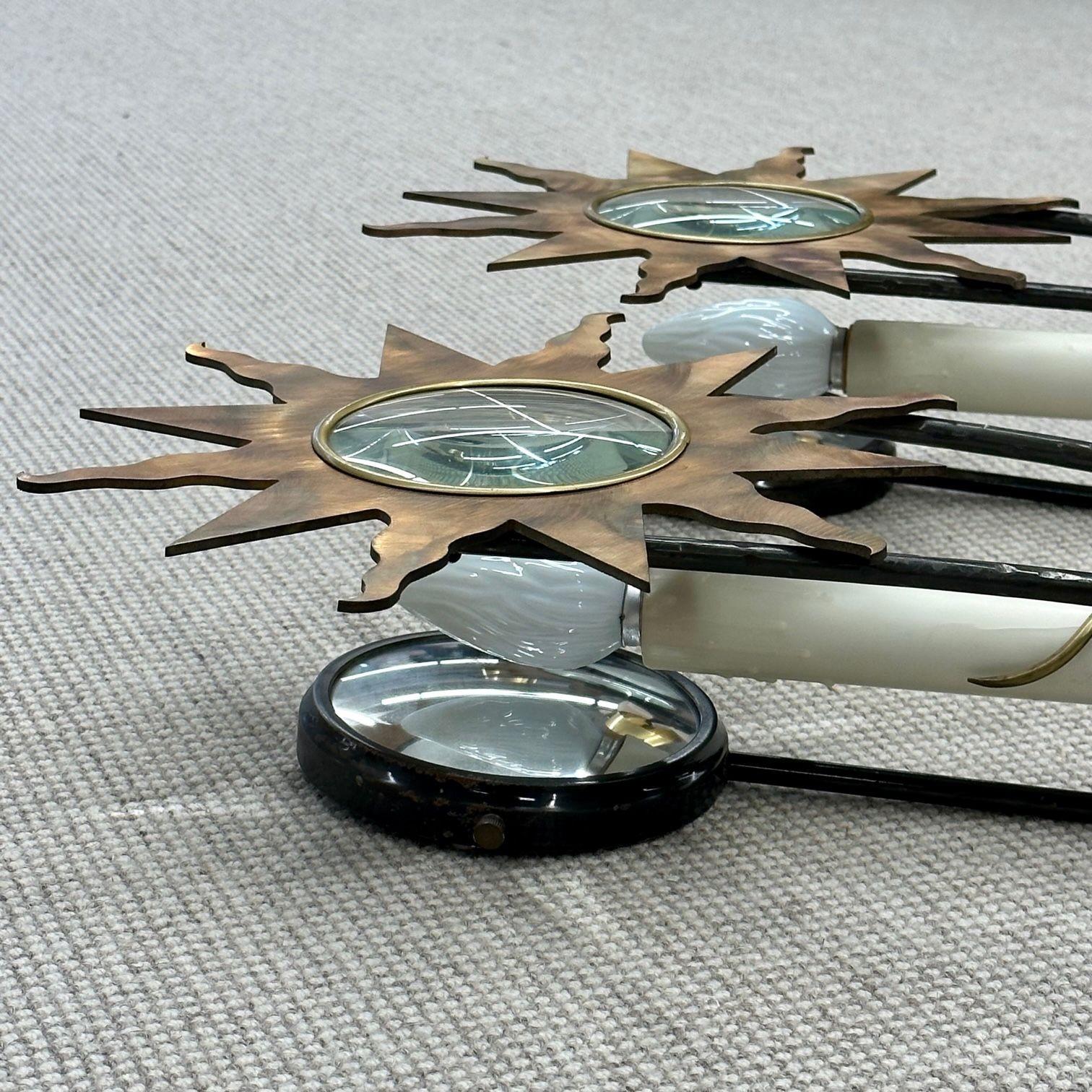 20th Century French Mid Century Modern, Olympia Star Sconces, Hammered Brass, Copper, 1960s For Sale