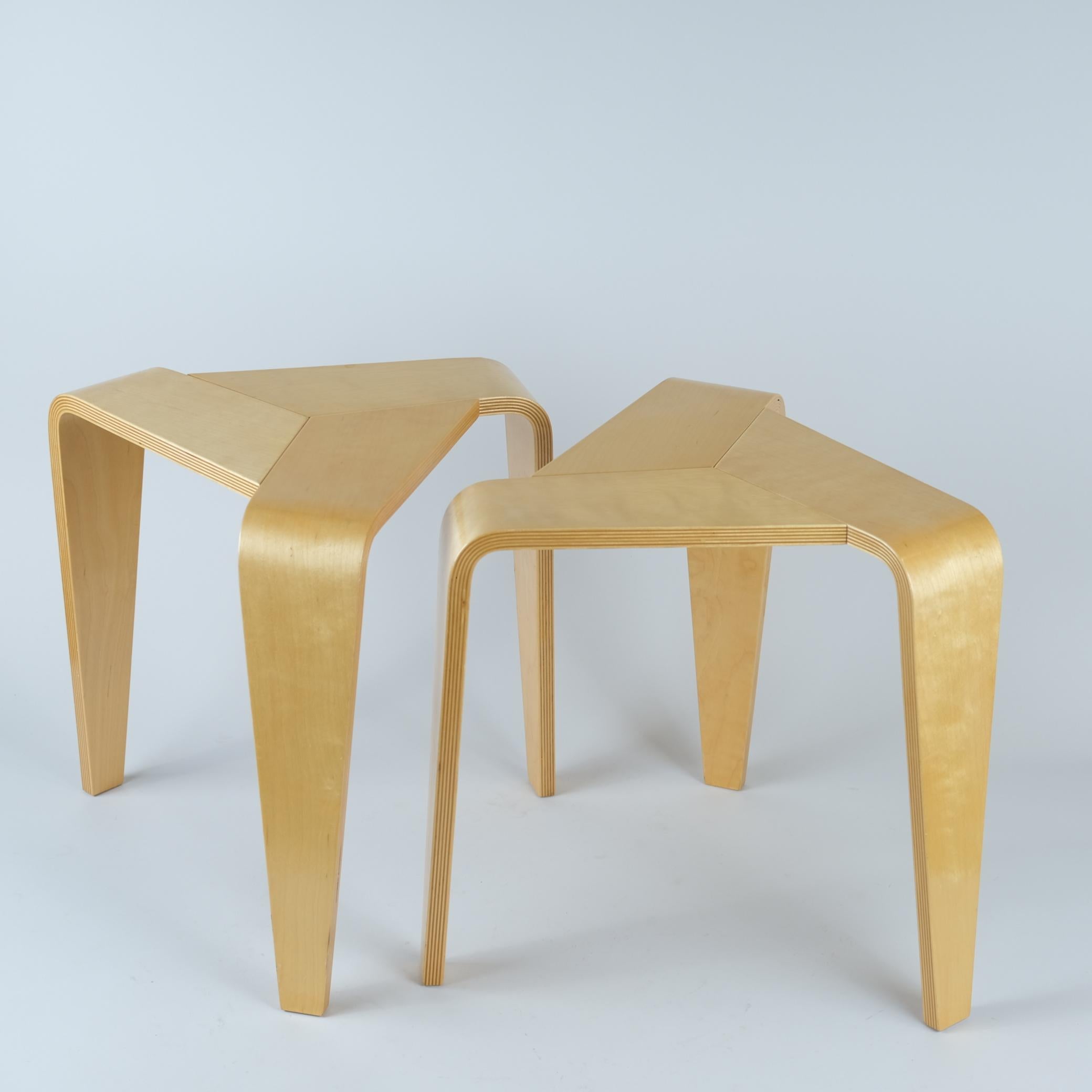 A truely brilliant Finnish designed stool with no screws, bolts or nails. The stool is only made up of three pieces that simply slide into place to create a stool. 

The stools are in full laminated birch and are in great original condition.