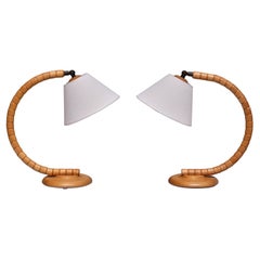 Vintage Pair of Markslöjd Sculptural Adjustable Table Lamps in Beech Sweden, 1960s