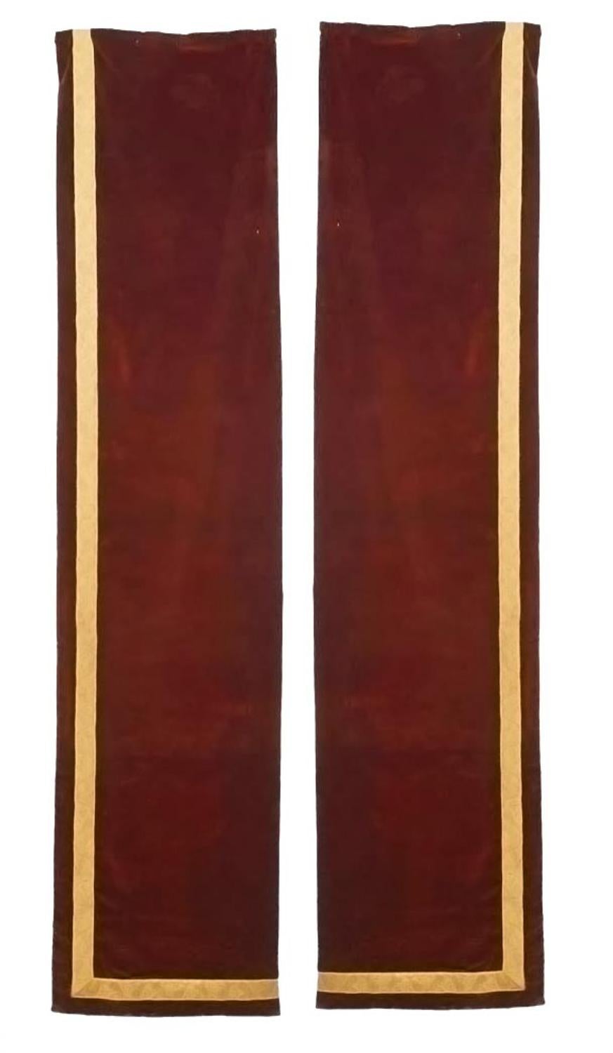 Pair of Maroon Velvet Metallic Thread Narrow Drapes For Sale