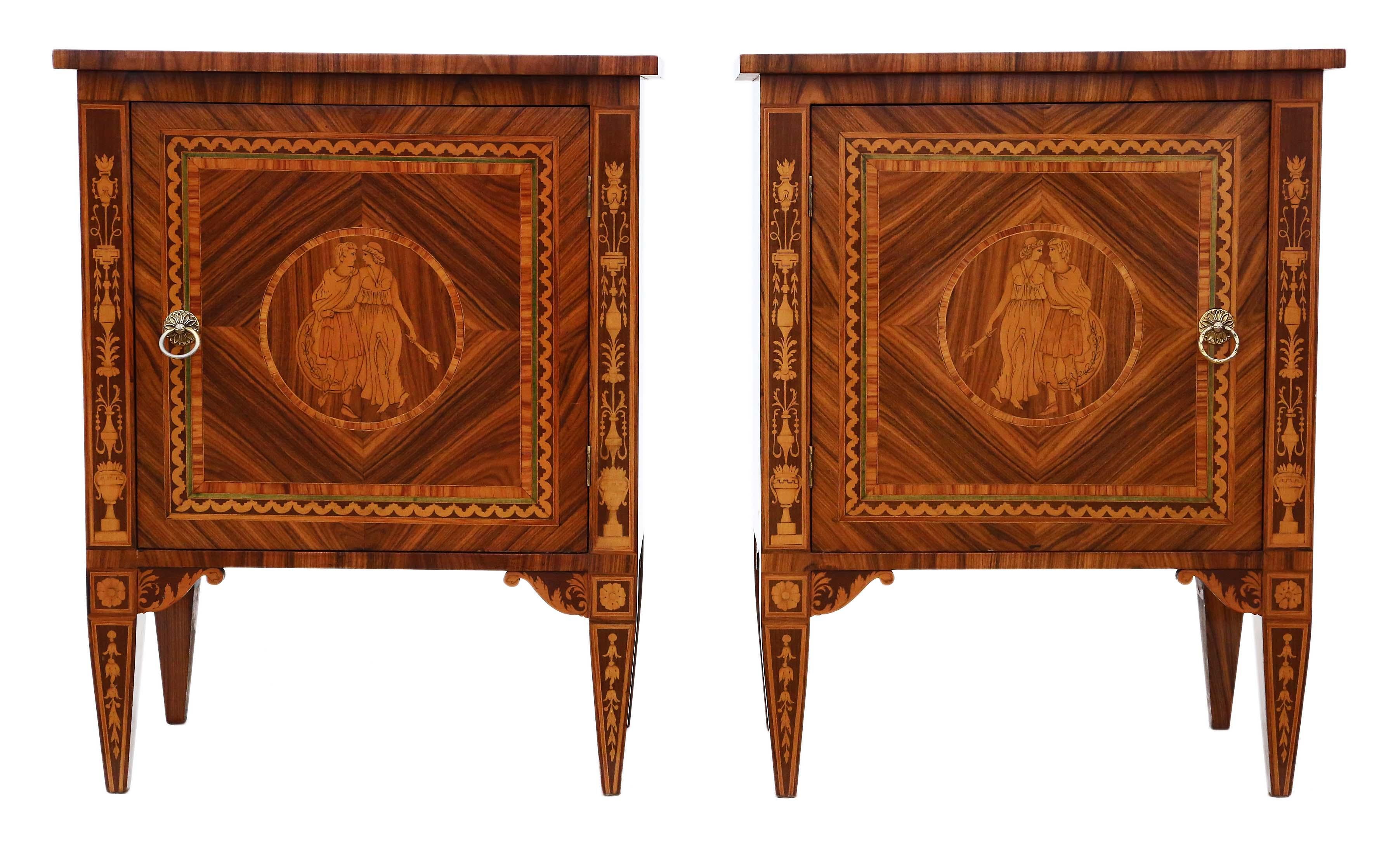 Quality pair of marquetry bedside tables cupboards, dating from the mid-20th century.
No loose joints and no woodworm. Working catches on doors.
Lovely detailed marquetry with exotic woods. Breathtaking decorative pieces... a very rare