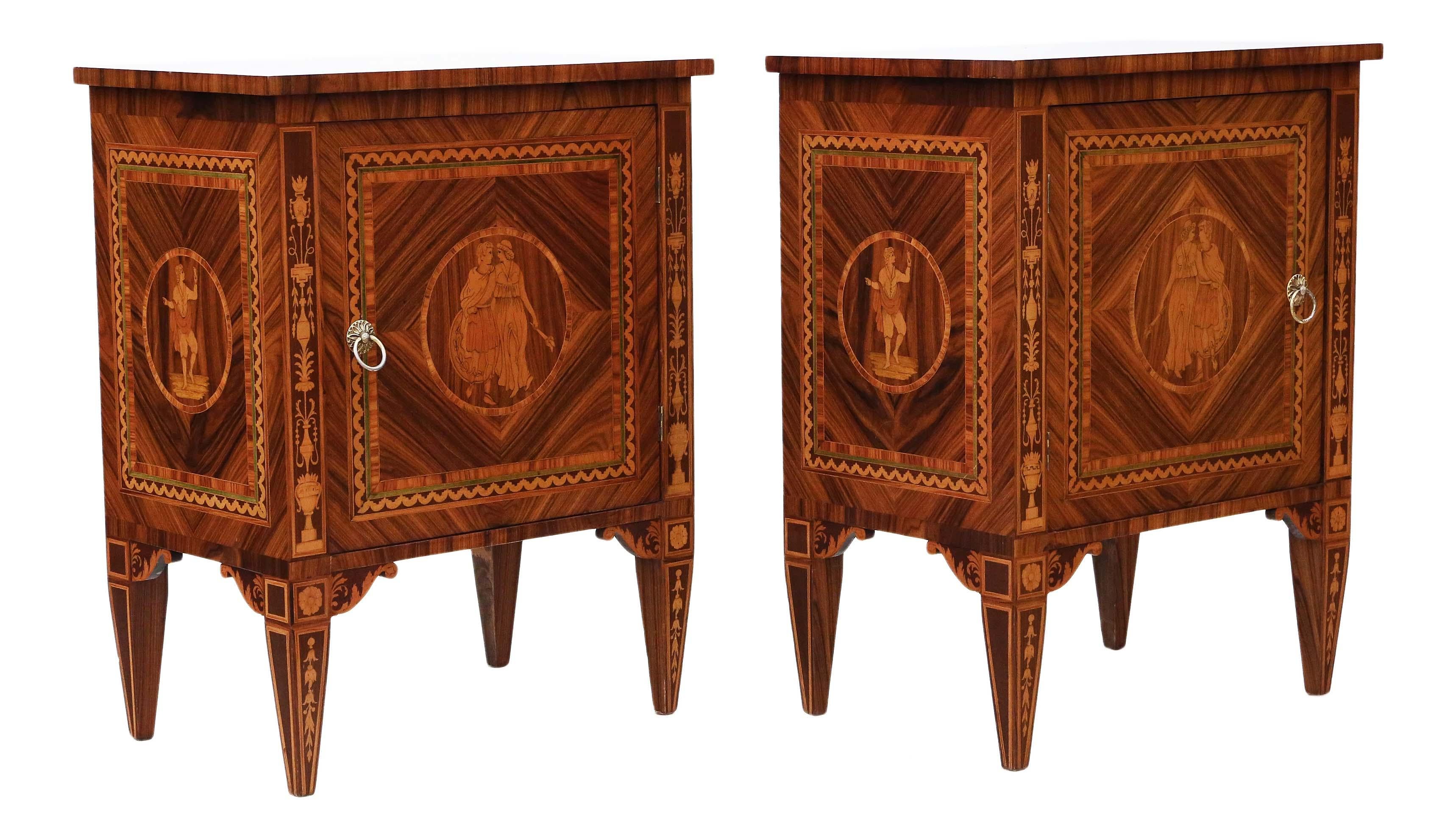 Wood Pair of Marquetry Bedside Tables Cupboards