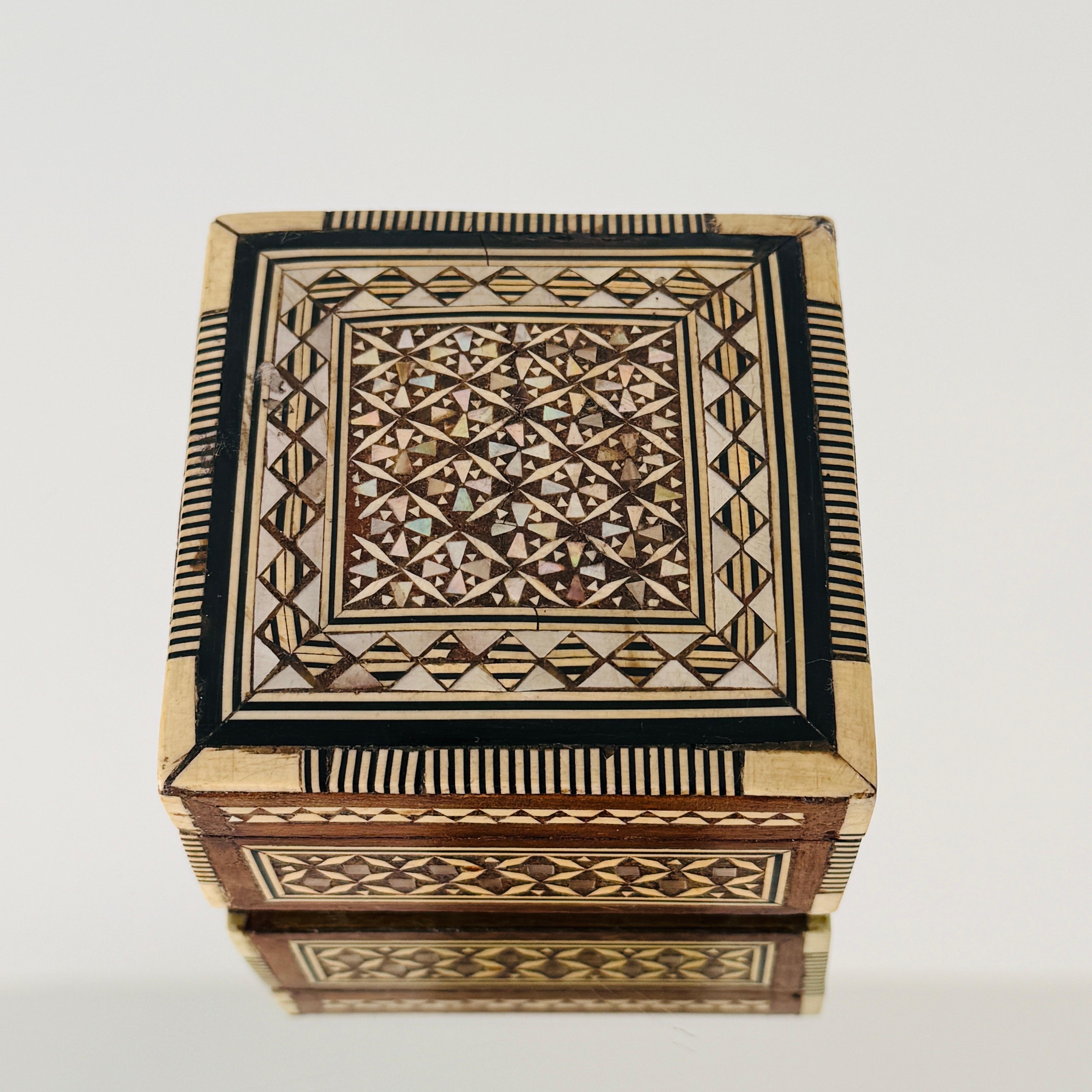 Hand-Carved Pair of Marquetry Boxes with Mosaic Mother of Pearl Inlays, Middle East, c. 1960 For Sale