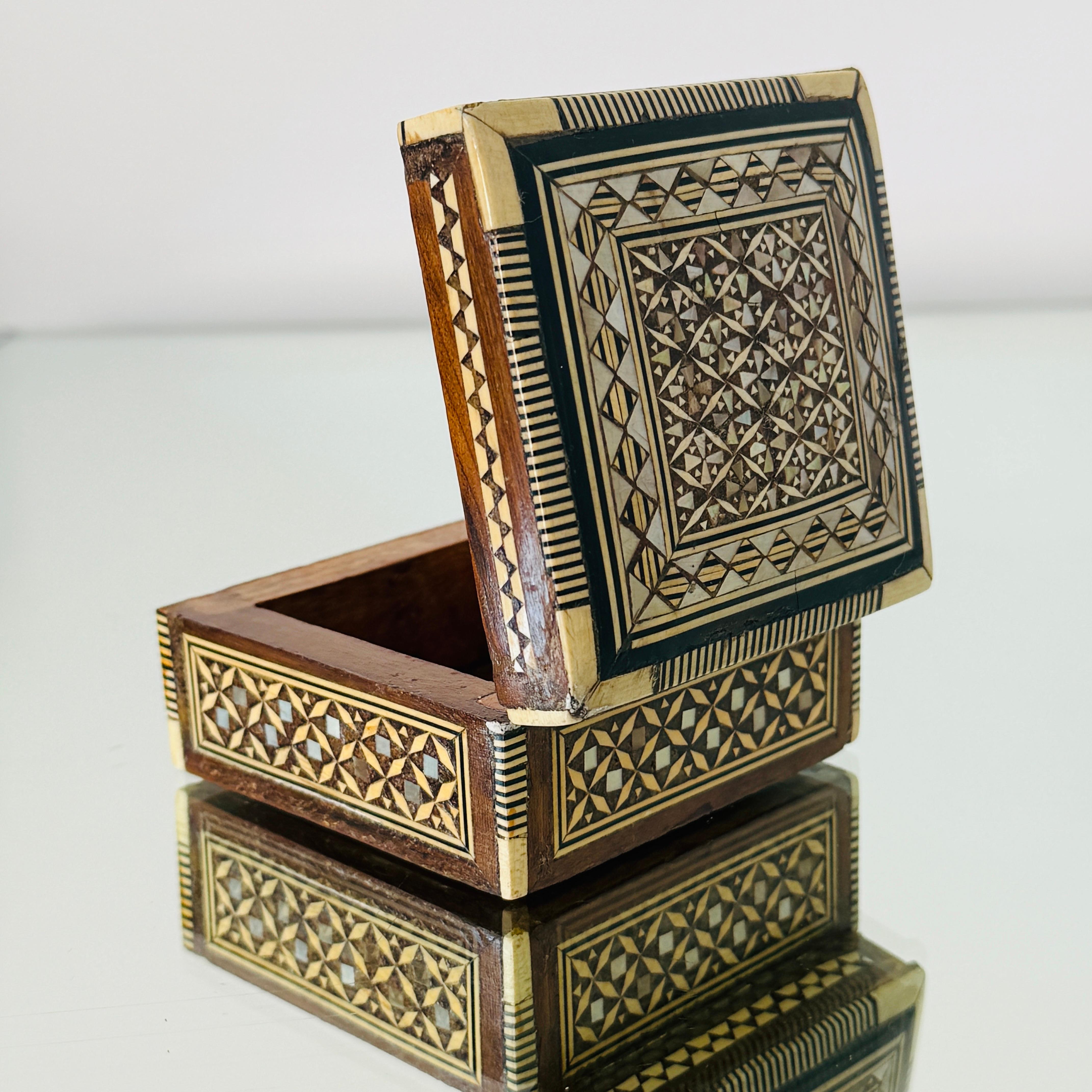 Pair of Marquetry Boxes with Mosaic Mother of Pearl Inlays, Middle East, c. 1960 In Good Condition For Sale In Fort Lauderdale, FL
