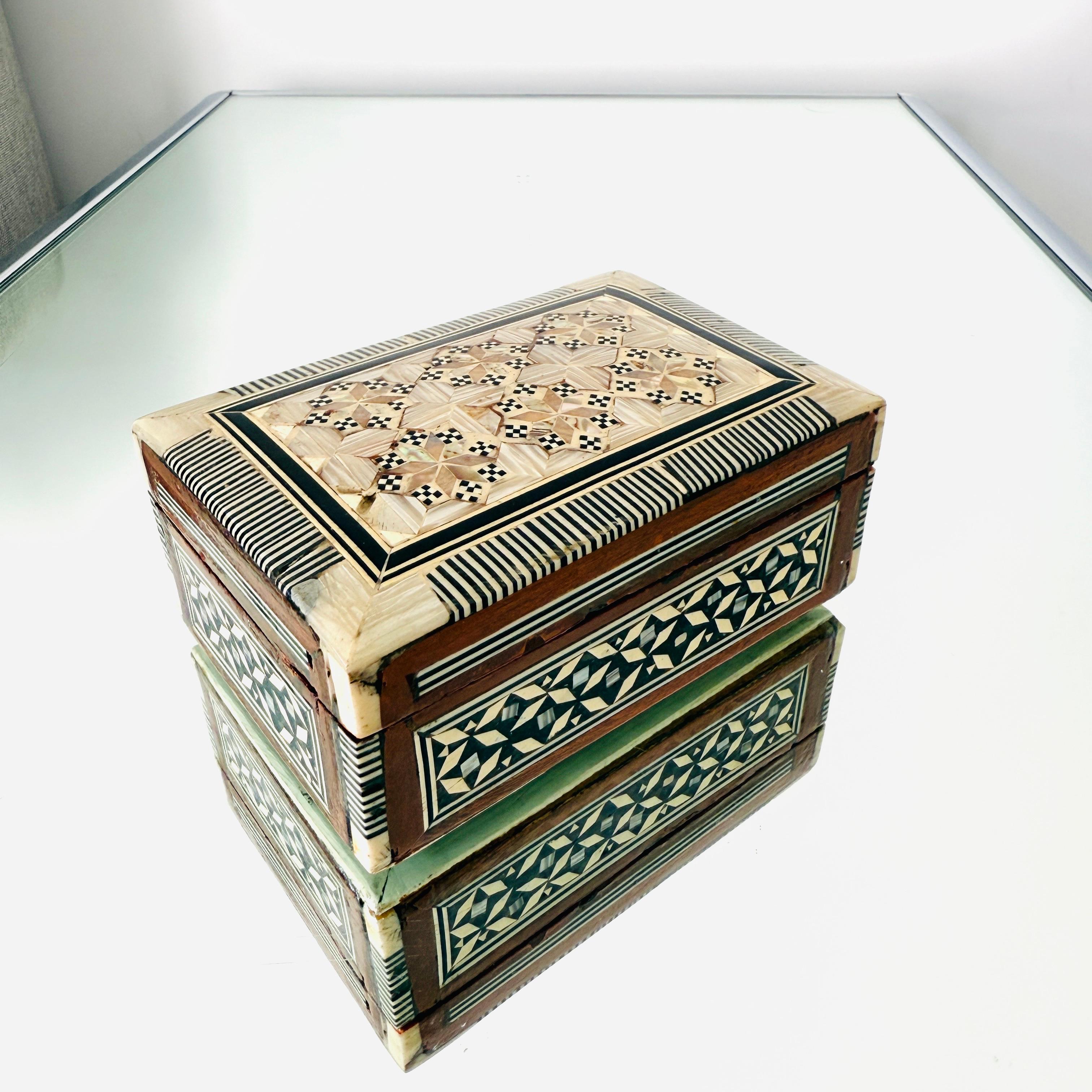 Bone Pair of Marquetry Boxes with Mosaic Mother of Pearl Inlays, Middle East, c. 1960 For Sale
