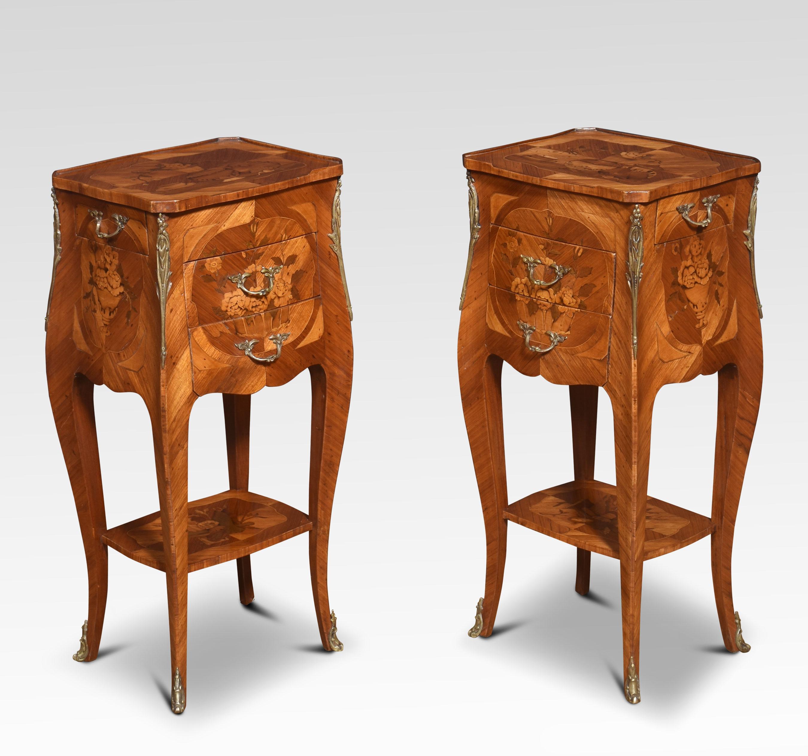 Pair of marquetry inlaid and gilt metal mounted bedside cabinets