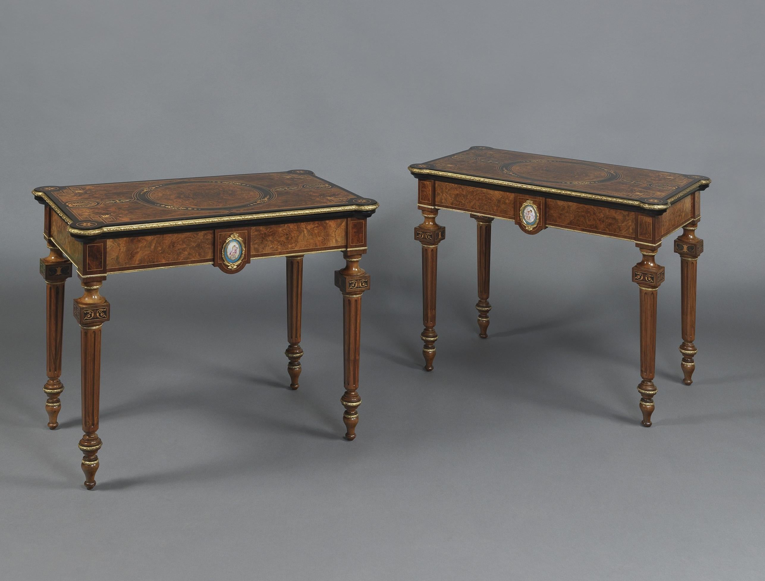 Victorian Pair of Marquetry Inlaid Card Tables with Sèvres Style Plaques, circa 1870 For Sale