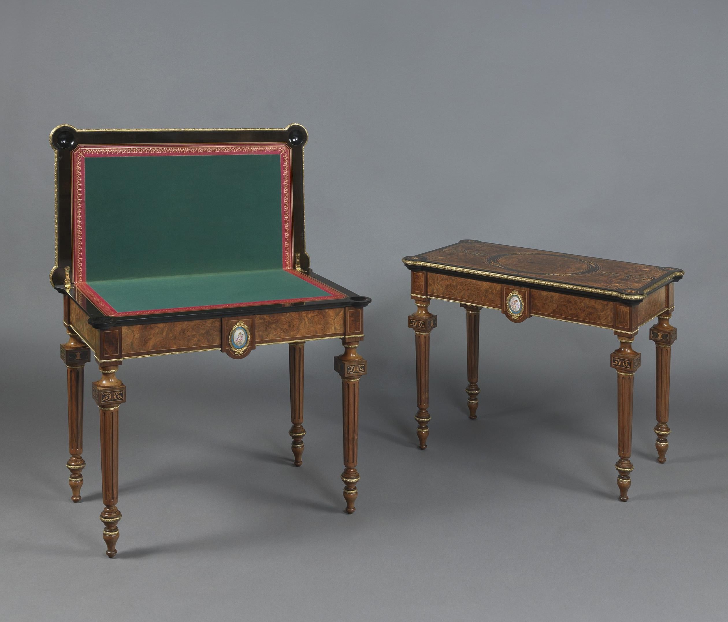English Pair of Marquetry Inlaid Card Tables with Sèvres Style Plaques, circa 1870 For Sale