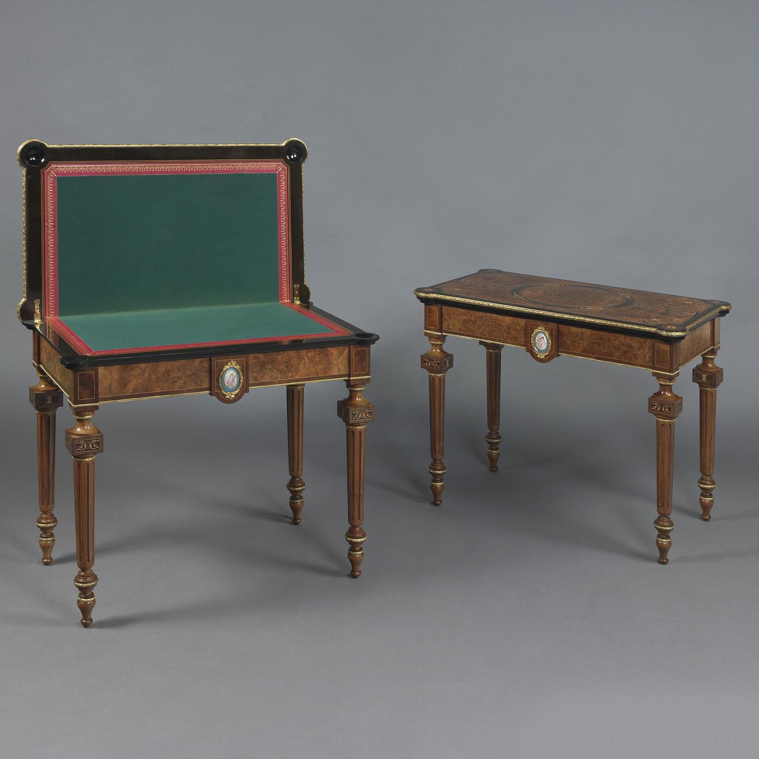 Gilt Pair of Marquetry Inlaid Card Tables with Sèvres Style Plaques, circa 1870 For Sale