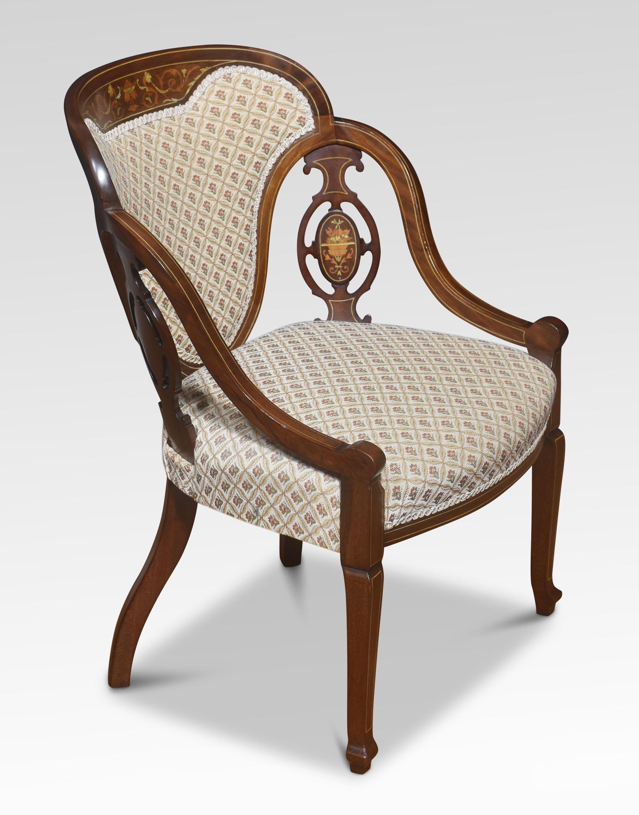 Wood Pair of Marquetry Inlaid mahogany armchairs For Sale