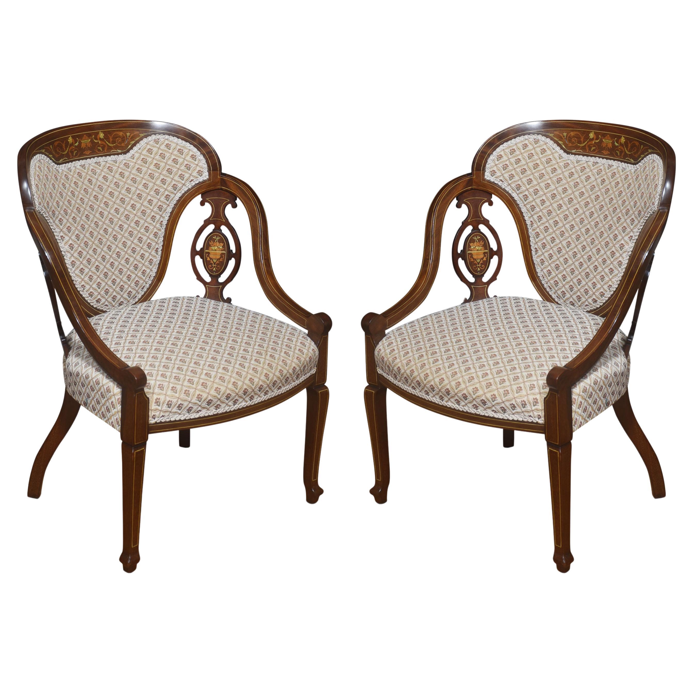 Pair of Marquetry Inlaid mahogany armchairs