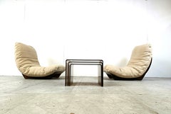 Pair of Marsala lounge chairs with matching tables by Michel Ducaroy