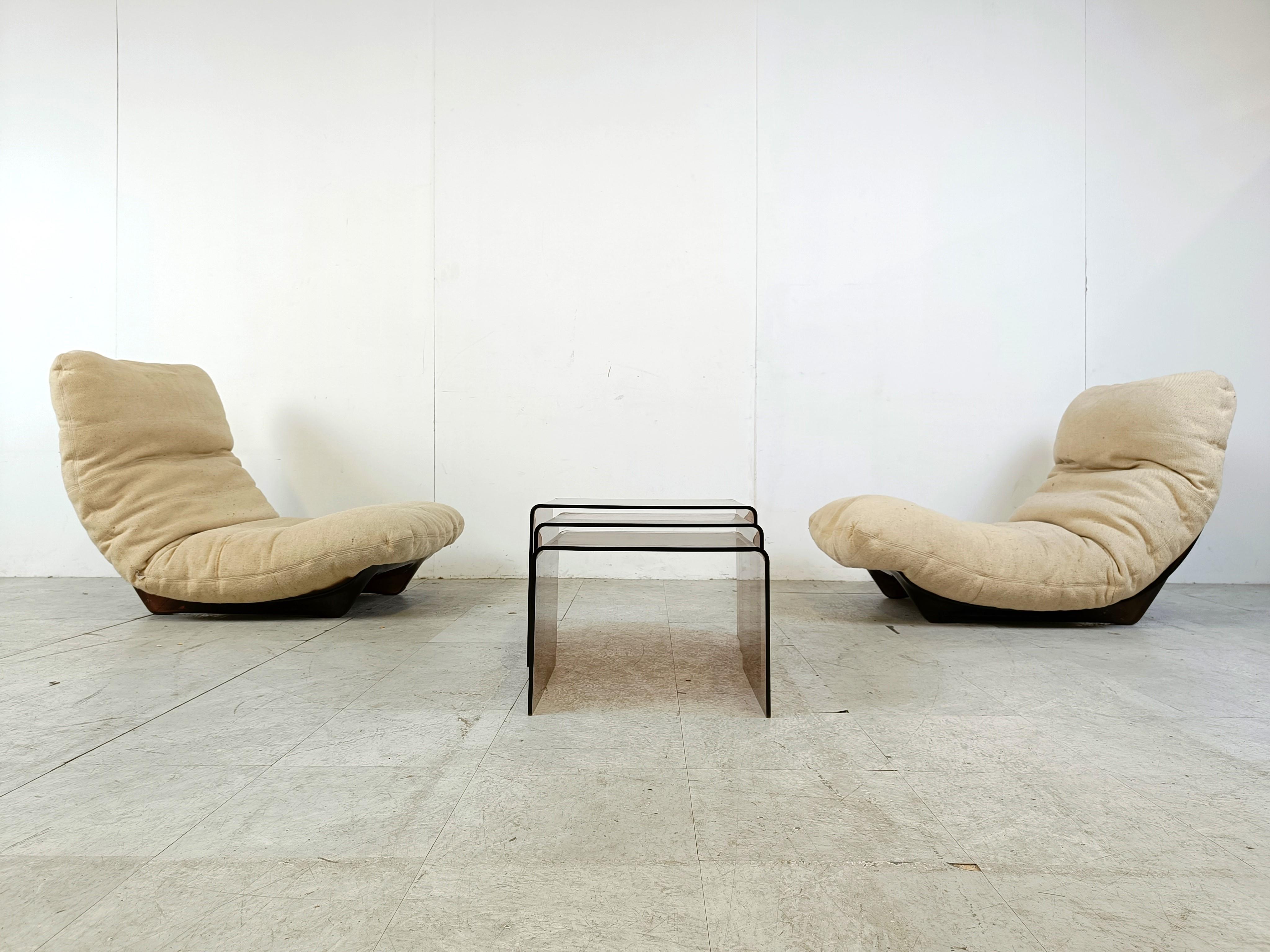 Fabric Pair of Marsala lounge chairs with matching tables by Michel Ducaroy 